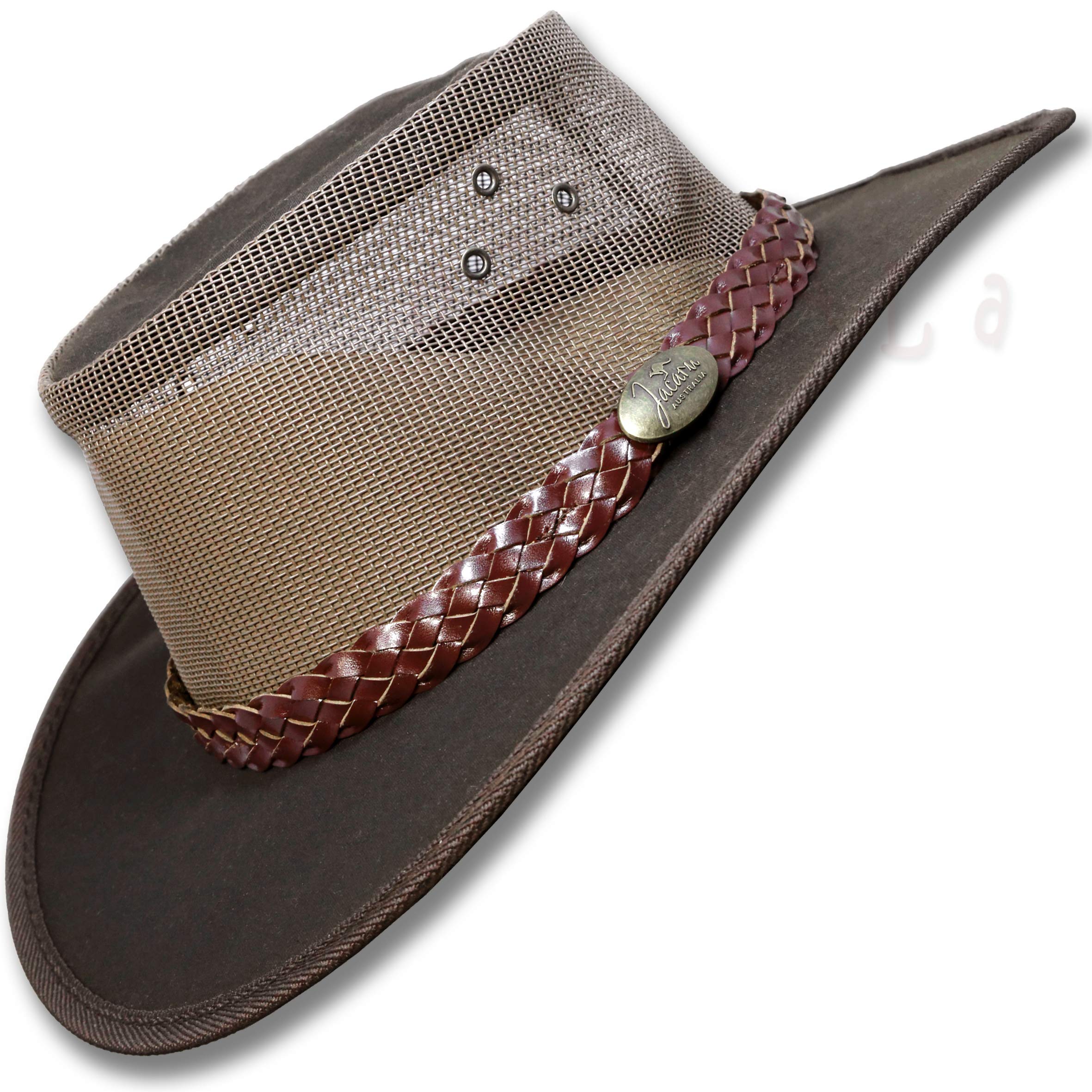 Oztrala Oilskin Canvas Australian Outback Cowboy Hat - Waterproof Leather Mens Bucket Hat in Black (HCKS HCKB US) for Outdoor Adventures, Hiking, and Country Western Style
