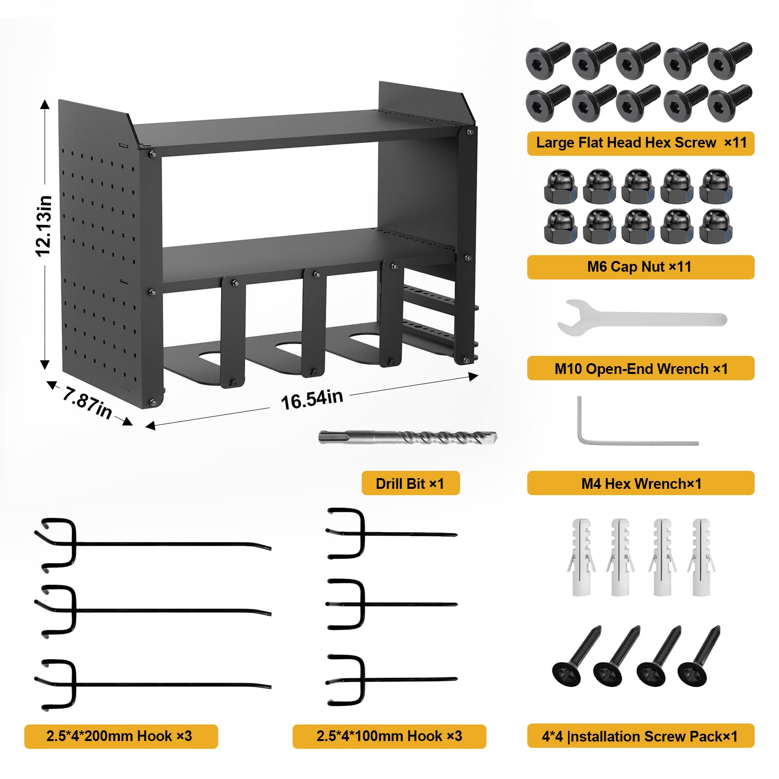 3-Tier Wall Mount Metal Power Tool Organizer with 6 Hooks - Heavy Duty Drill & Screwdriver Storage Rack for Garage, Workshop & DIY Projects (Black)