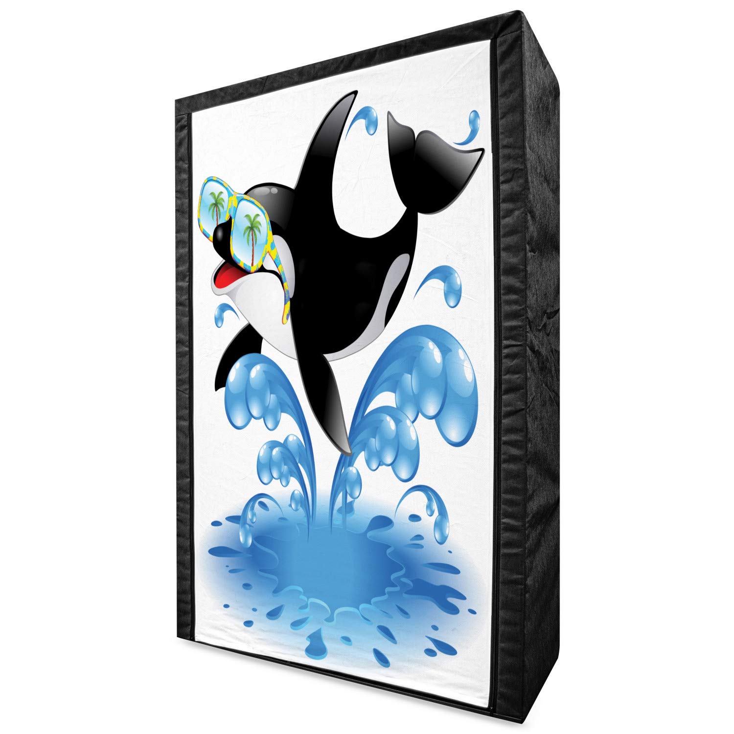 Ambesonne Funny Portable Fabric Wardrobe - Killer Whale with Sunglasses Cartoon Design, 42.5 Inch Clothing Organizer & Storage Closet with Shelves for Bedroom, Dorm, Travel - Black & Blue Ocean Theme | Perfect for Summer Holidays, Beach Trips & Whale Lovers