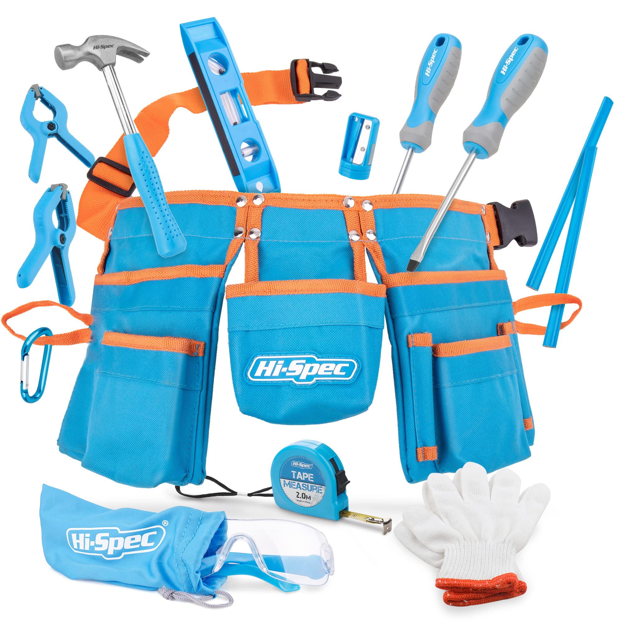 Hi-Spec Blue Kids Tool Kit Set with Child Size Tool Belt - Real Metal Hand Tools for DIY Building, Woodwork & Construction Learning | Perfect for STEM Education, Pretend Play & Home Improvement Projects