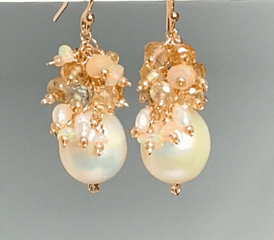 Natural Zircon Gemstone & Opal Pearl Cluster Earrings in Rose Gold Fill - Elegant Dangle Earrings for Women, Perfect for Weddings, Parties & Special Occasions