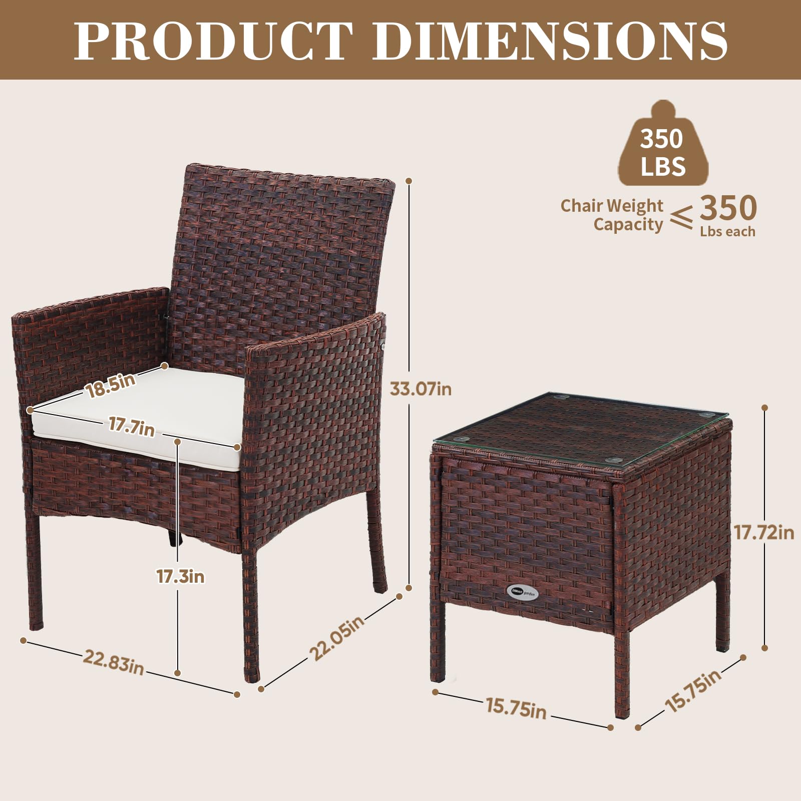 DIMAR GARDEN 3-Piece Outdoor Patio Furniture Set - Rattan Wicker Chairs with Coffee Table for Porch, Garden, Backyard & Balcony Decor