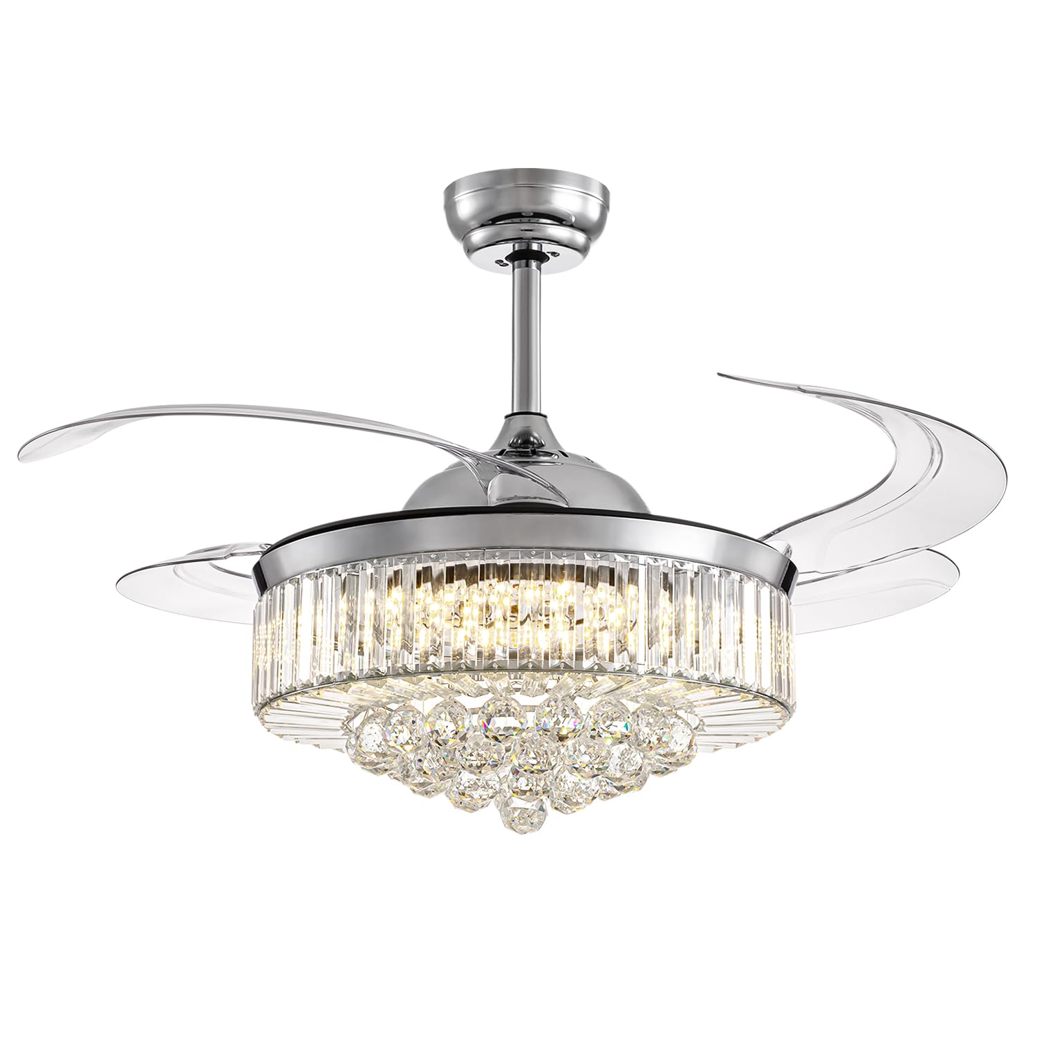 NOXARTE 48 Inch Crystal Chandelier Ceiling Fan with Light - Retractable Blades, Remote Control, Dimmable LED - Perfect for Bedroom, Living Room, Dining Room & Home Decor