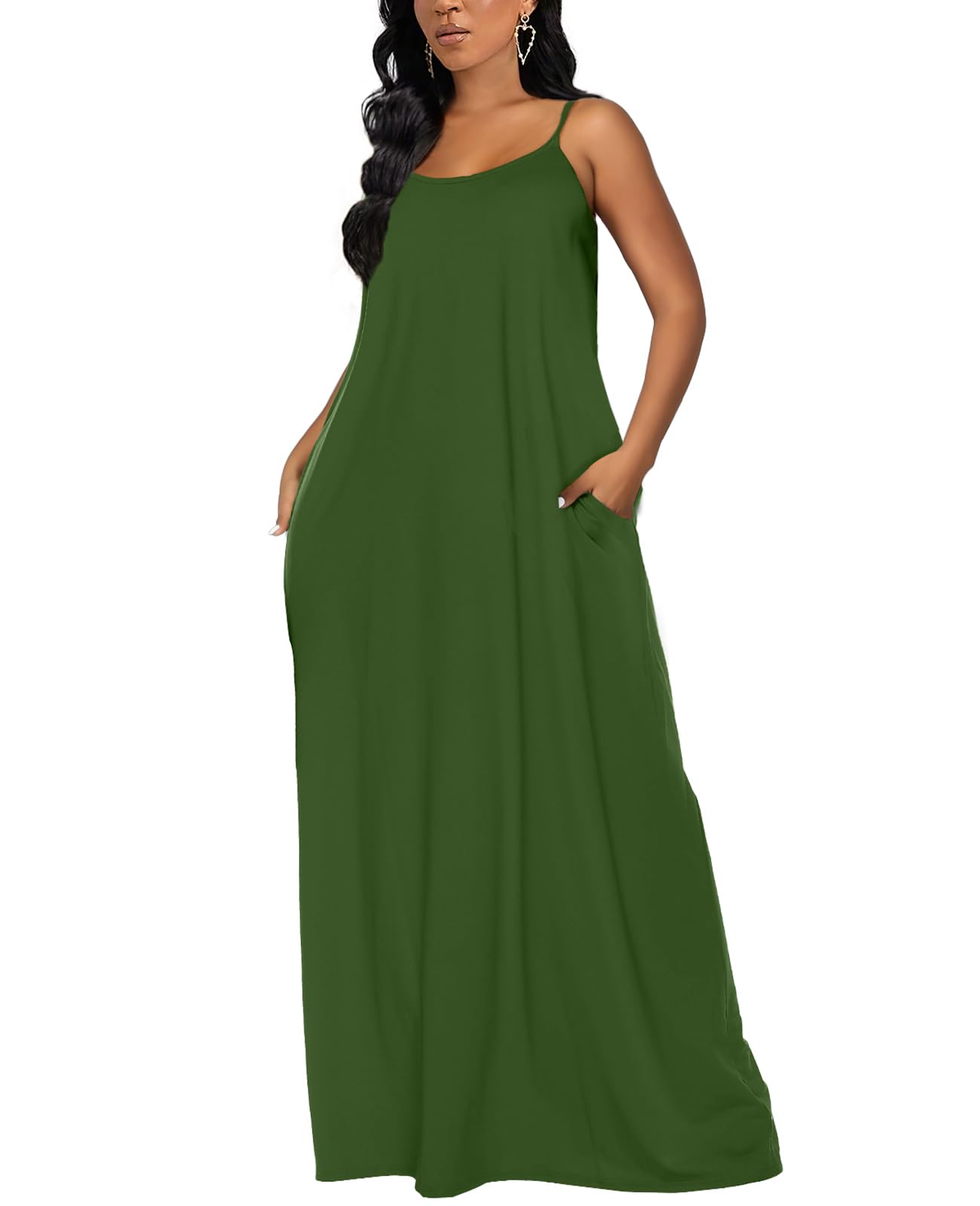 OFEEFAN Women's Summer Maxi Dress - Spaghetti Strap Flowy Long Dress with Pockets | Beach Cover Up, Vacation Outfit, Casual Sundress for Outdoor Activities