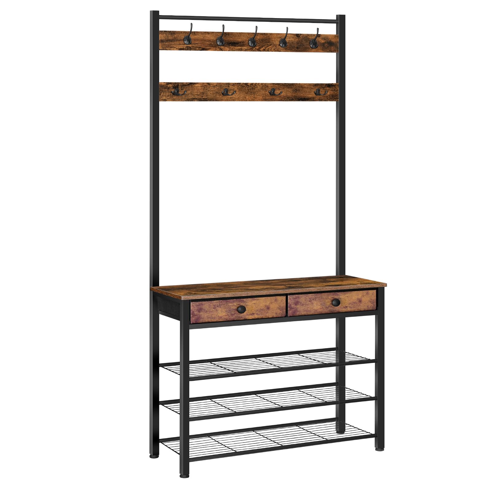 HOOBRO Hall Tree with Bench - Rustic Brown & Black Entryway Coat Rack, Shoe Storage Organizer with 4 Tiers, 9 Hooks & 2 Fabric Drawers - Perfect for Mudroom, Foyer or Small Space Organization