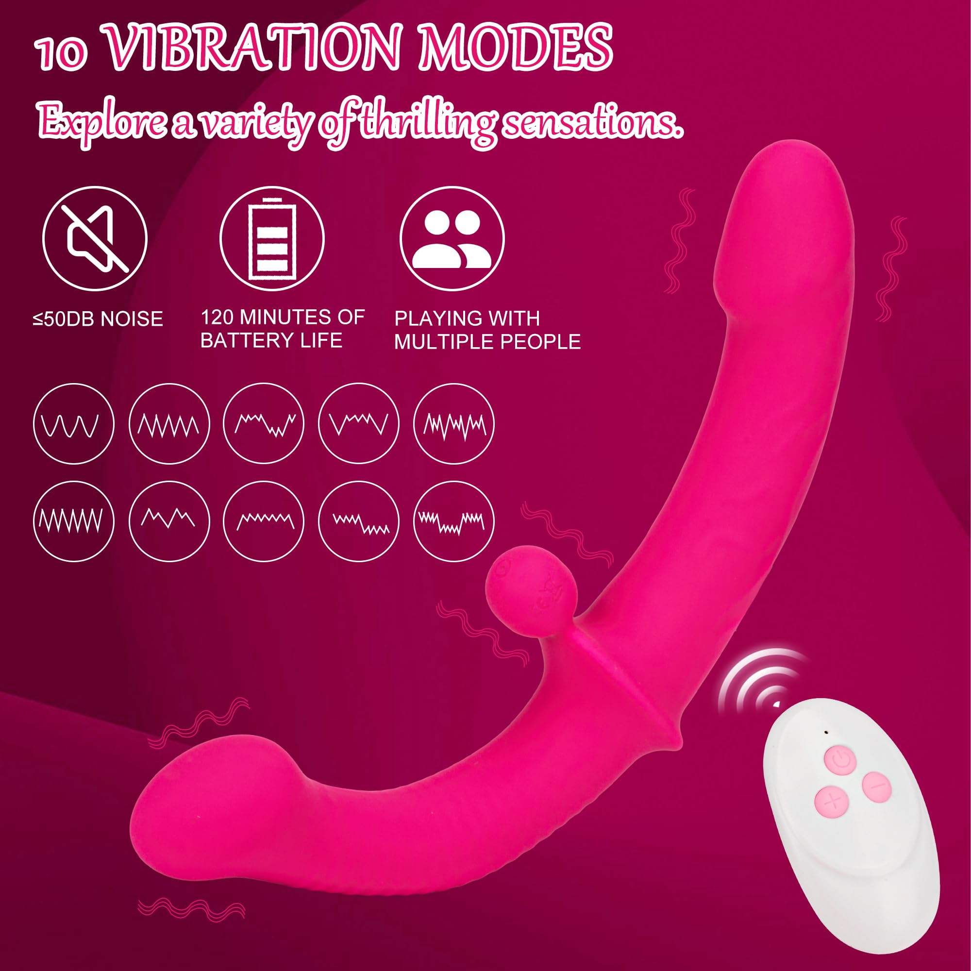 Eurlemd Soft Silicone Strapless Vibrating Double-Ended Dildo - 10 Speed Wireless G-Spot Stimulator for Lesbian Couples & Anal Play (Rose Red) | Perfect for Couples Play, Solo Exploration & LGBTQ+ Intimacy