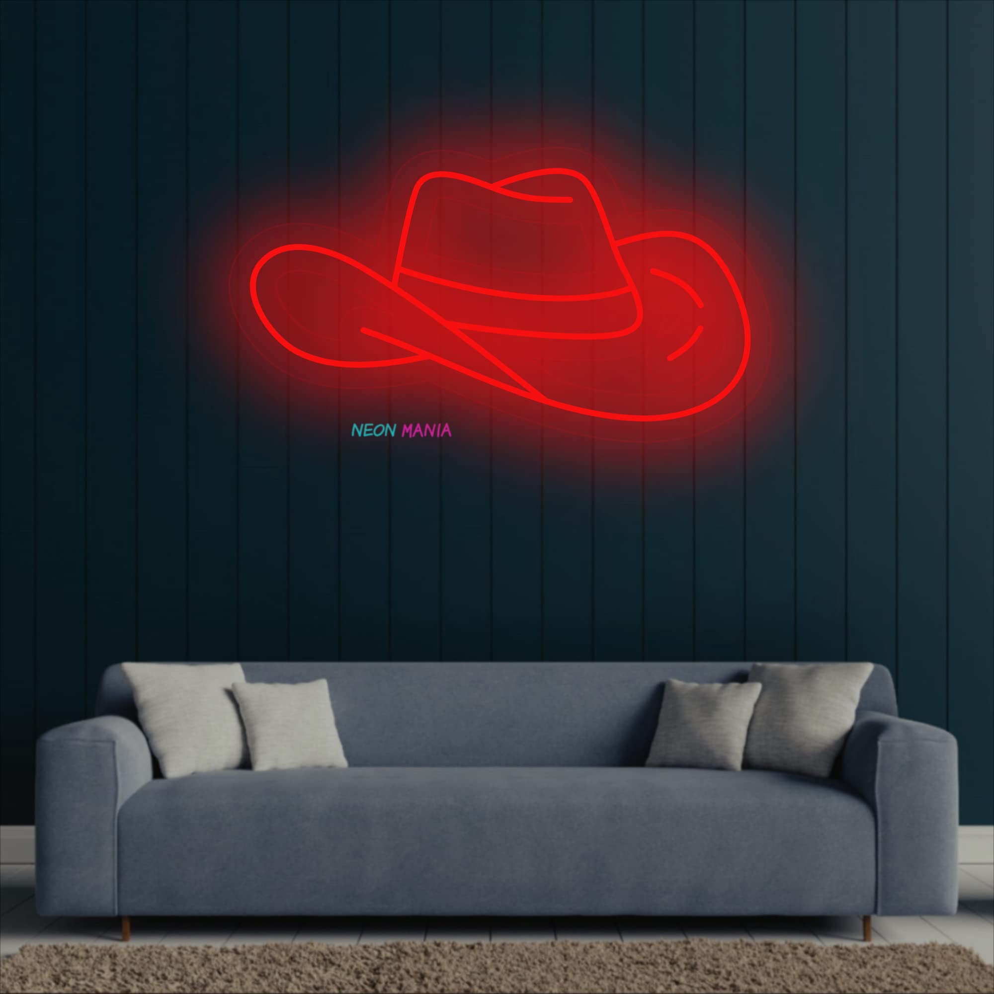 Blue Cowboy Hat LED Neon Sign - Western Themed Light Up Bar Decor for Home, Saloon & Ranch - 40 Inches