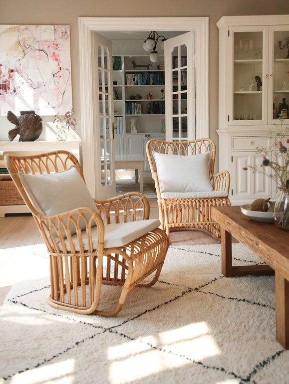Danish Modern Natural Rattan Arm Chair with Optional Cushion - Mid-Century Boho Lounge Chair for Living Room, Bedroom, or Patio