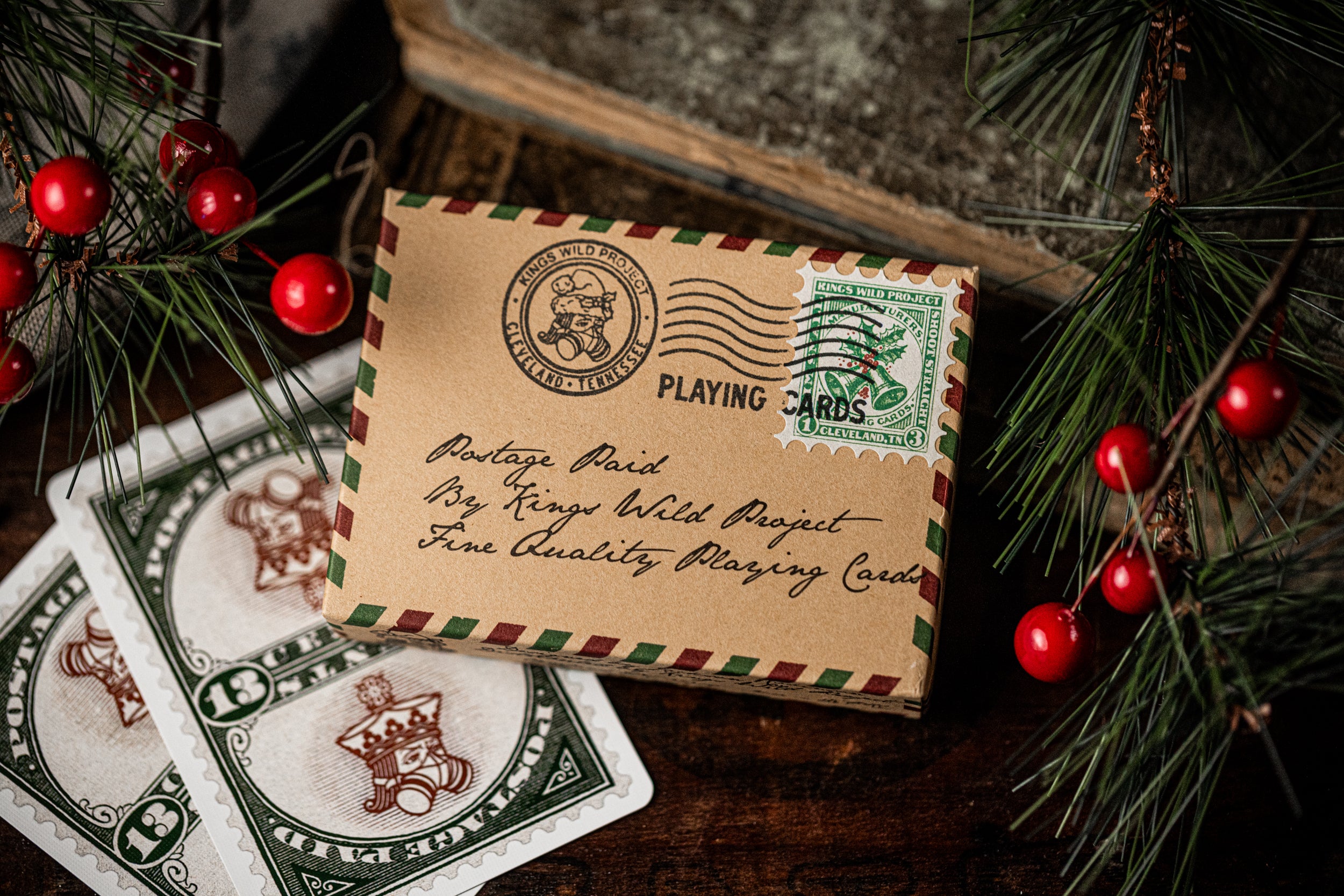 Paid Postage Christmas Cards - Elegant Green Gilded Holiday Greeting Cards for Festive Season Mailing