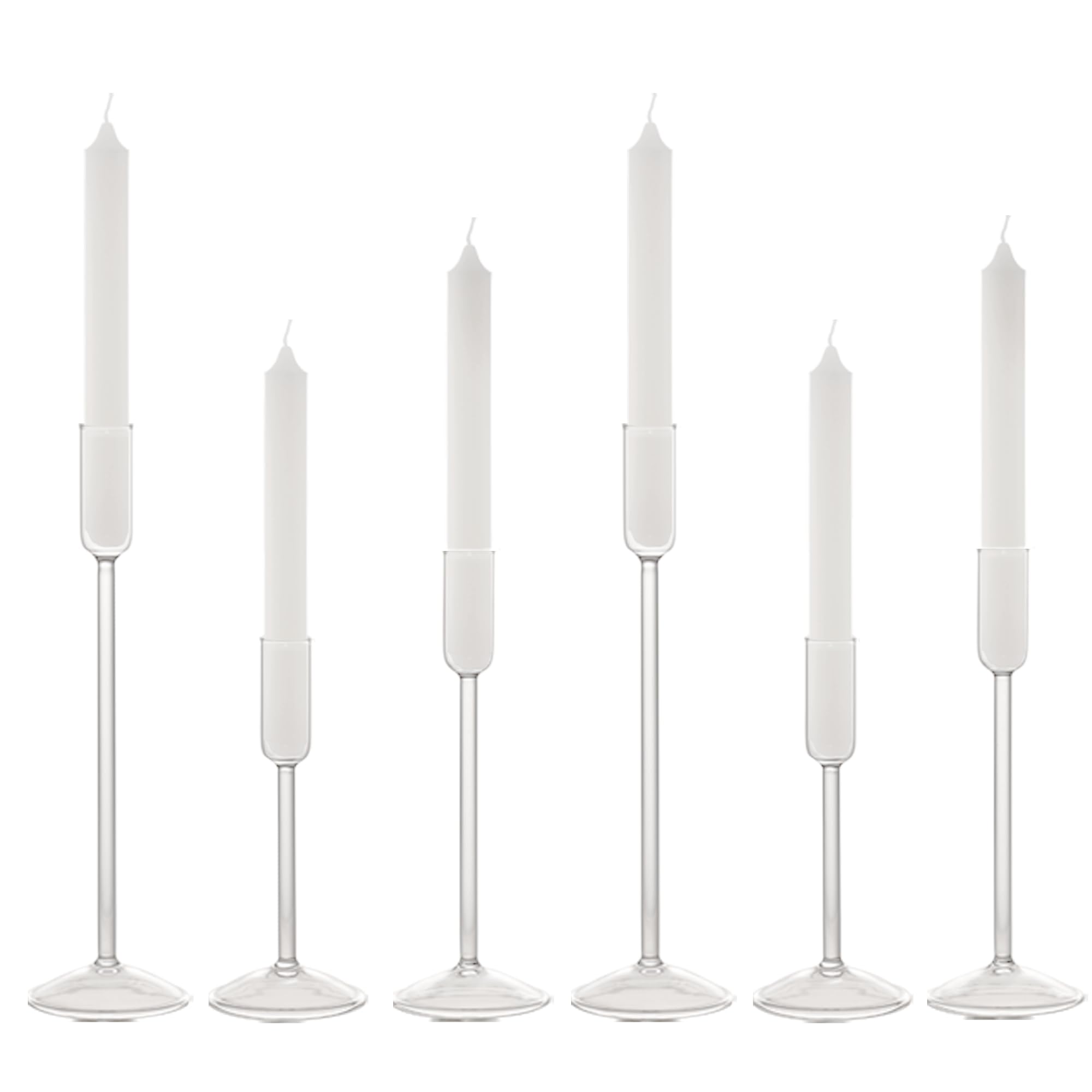 Glass Taper Candle Holders Set of 6 - Clear Tall Candlesticks in 3 Heights for Wedding Centerpieces, Party Decor, Dining Table & Home Decoration