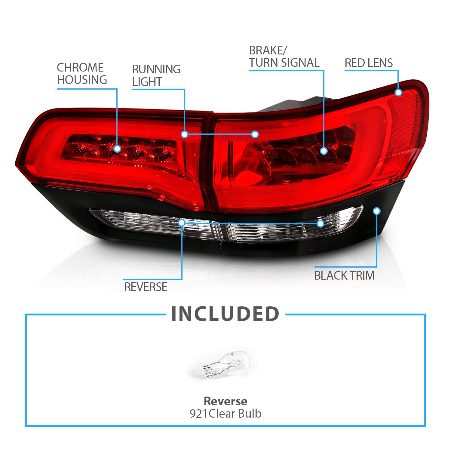 AmeriLite Red/Clear/Black LED Tail Lights with Brake Turn Signals - Compatible with 2014-2017 Jeep Grand Cherokee (4-Piece Set for Both Driver & Passenger Sides) - Upgrade Your Vehicle's Style and Visibility for Night Driving and Off-Road Adventures