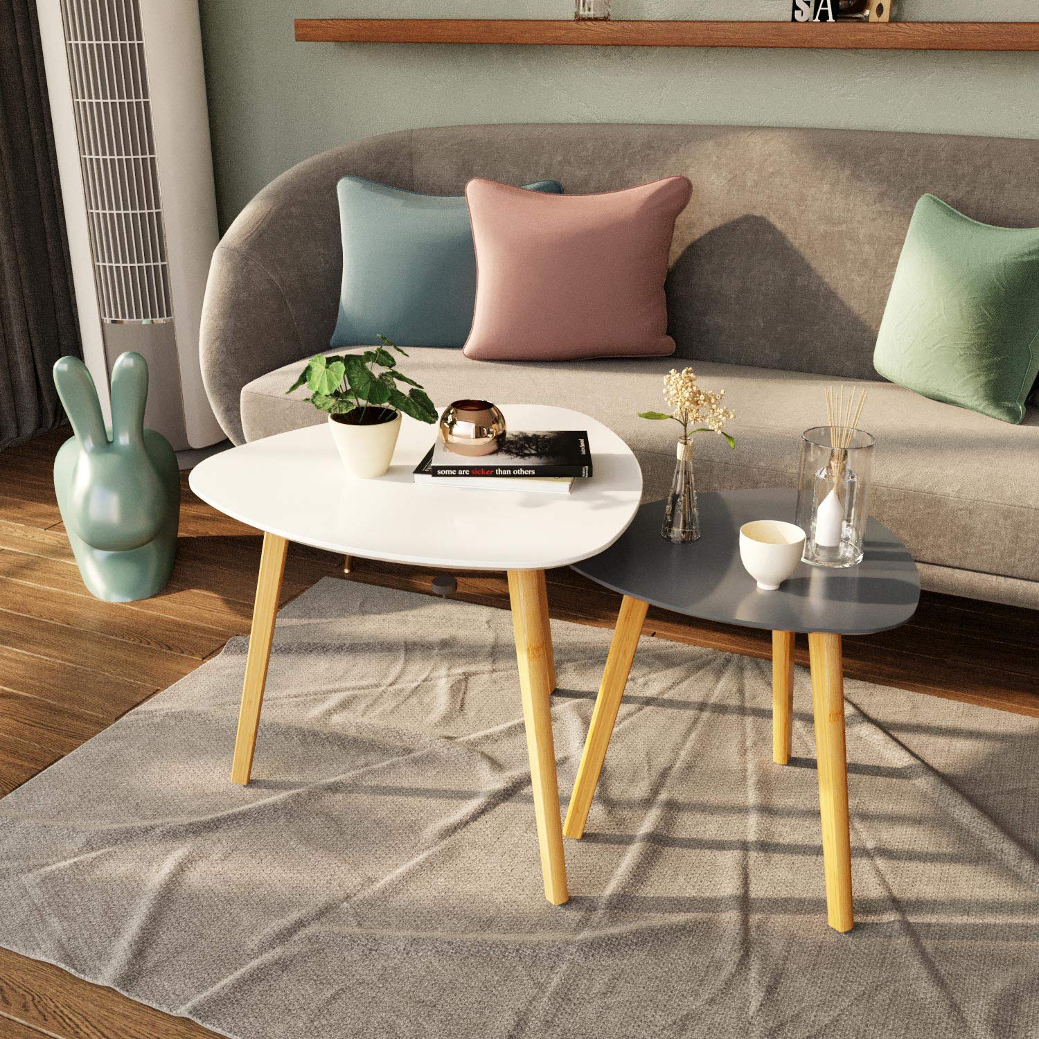 BAMEOS 2-Piece Bamboo Nesting Triangle End Tables - Modern Minimalist Coffee & Side Tables for Living Room, Balcony, Bedroom - White & Grey Home Decor Accent Furniture