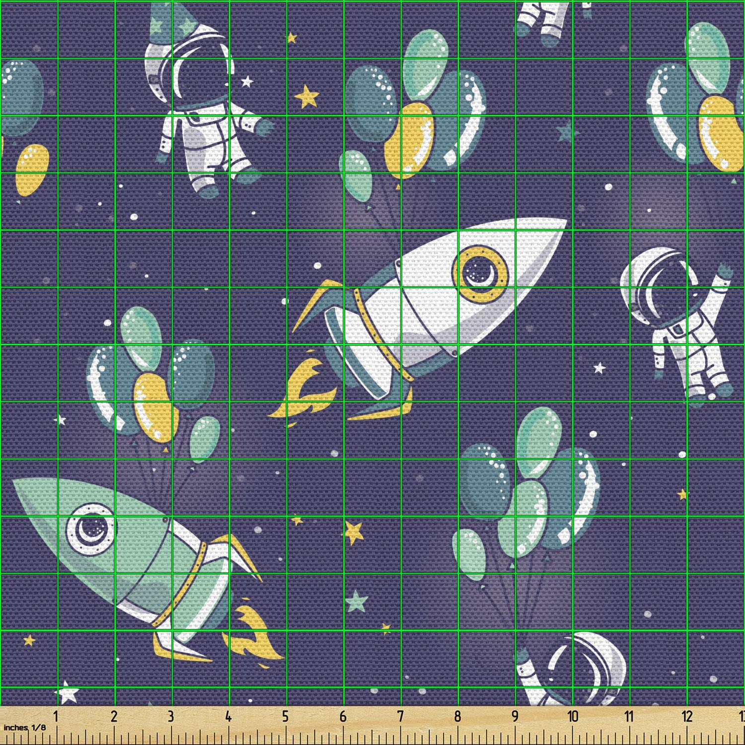 Ambesonne Party Fabric by The Yard - Starry Space with Balloons & Rockets Print - Boys Birthday Celebration Decorative Fabric - 1 Yard Violet Blue Yellow - Perfect for Upholstery, DIY Home Decor & Party Backdrops