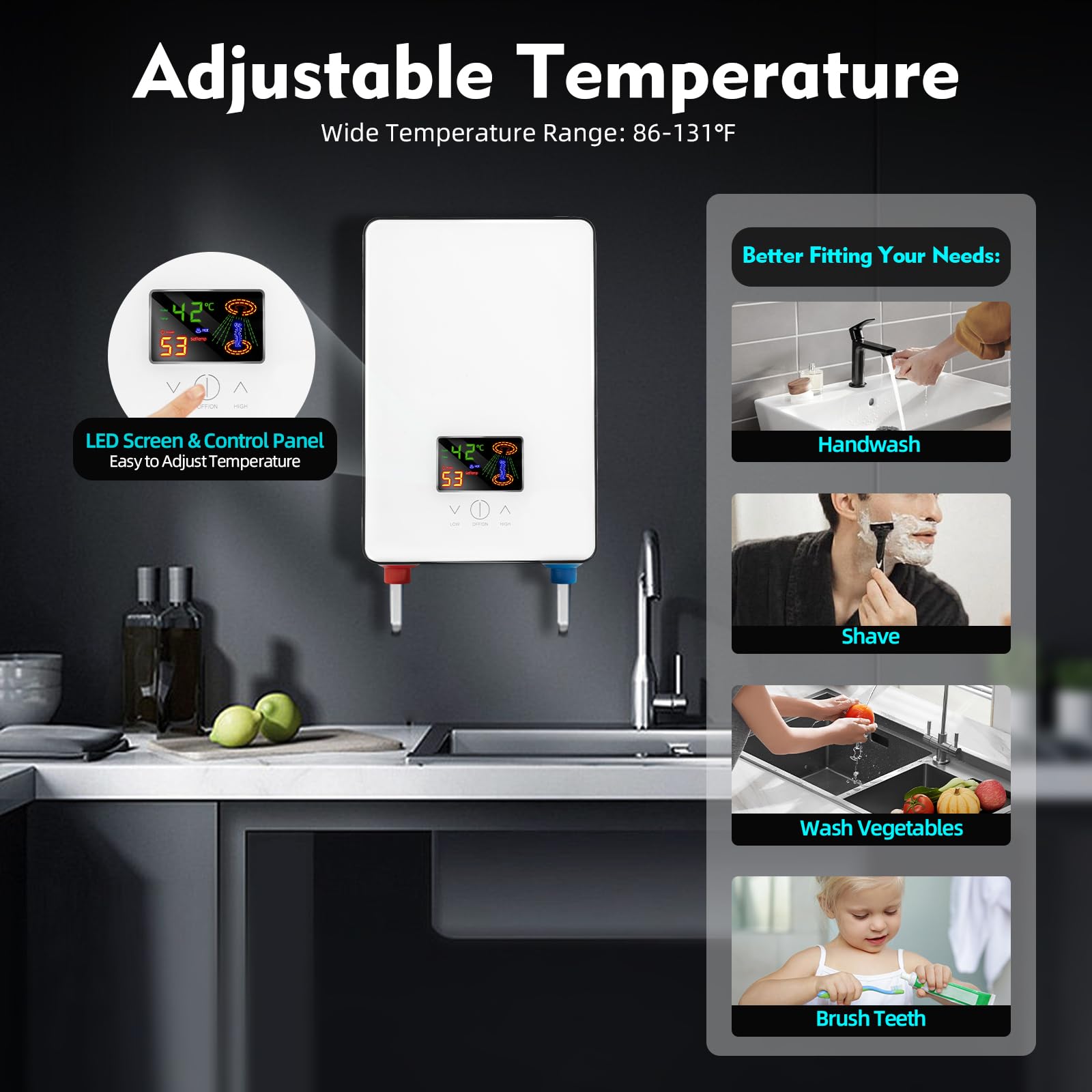 4500W Electric Tankless Water Heater with LED Display - Instant On-Demand Hot Water System for Shower, Kitchen & Bathroom - Compact Mini Design for Small Spaces & Energy Efficient Home Use