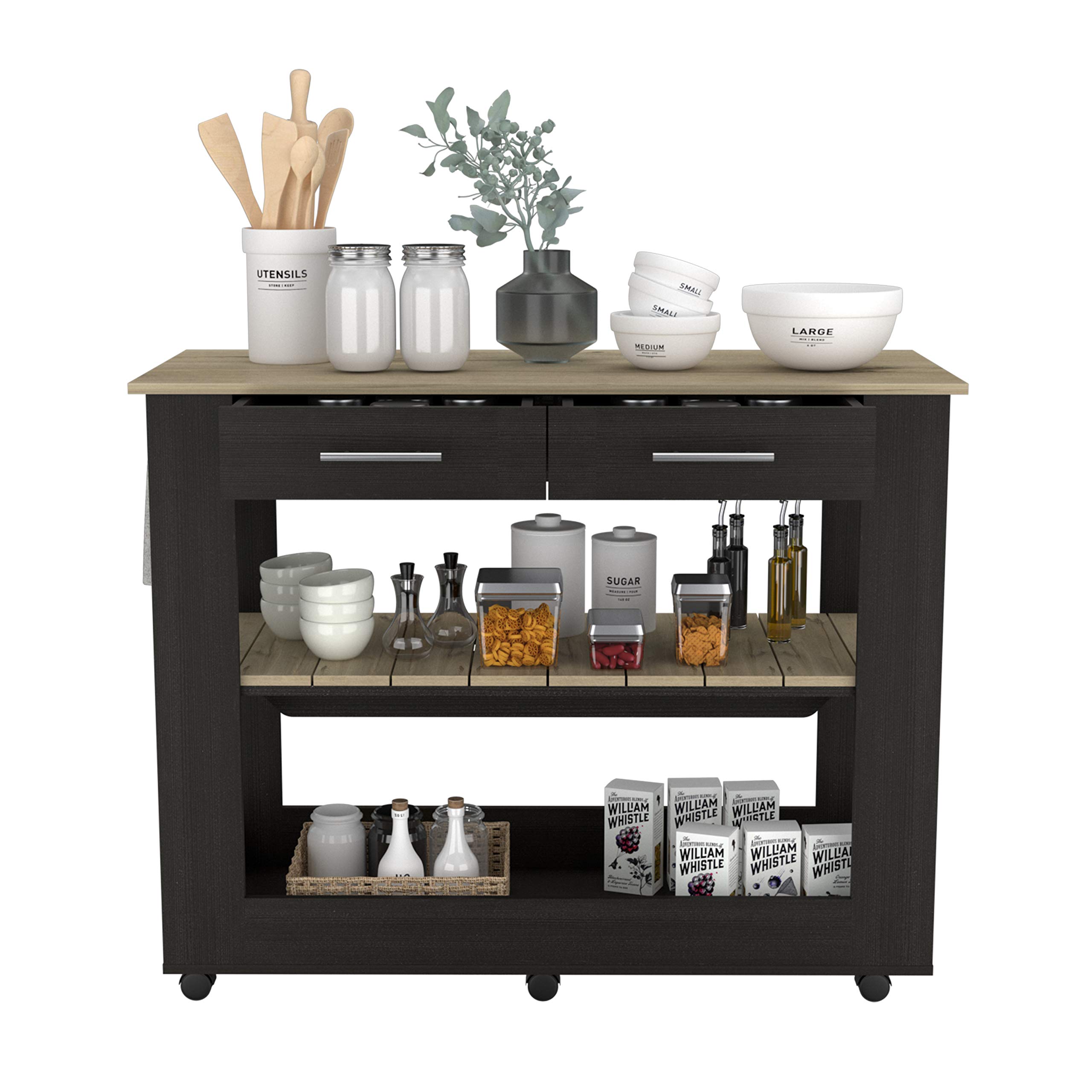 Brooklyn 80 Inch Kitchen Island with 2 Shelves & 2 Drawers - Black | Space-Saving Storage Solution for Small Kitchens & Dining Areas