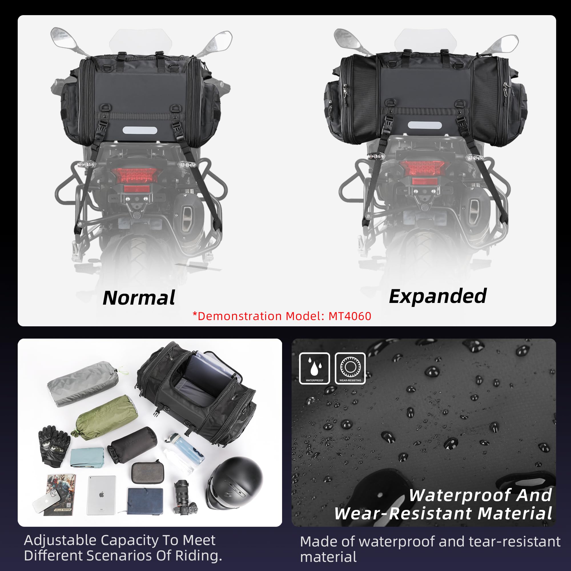 Rhinowalk 80L Expandable Motorcycle Tail Bag - Waterproof Saddle Bag with Straps for Travel & Commuting