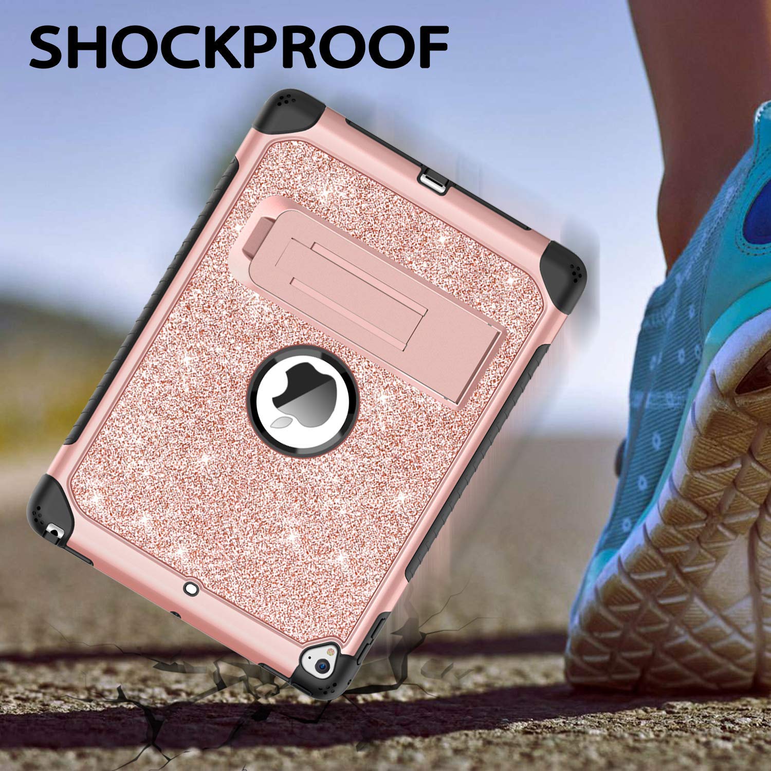 DUEDUE Shockproof iPad Case - Compatible with iPad 9.7 (2017/2018), iPad Air 2, iPad 6th/5th Gen & iPad Pro 9.7 | 3-in-1 Heavy Duty Hard PC Cover with Kickstand & Glitter Bling Design (Pink) - Perfect for Work, School & Travel Protection