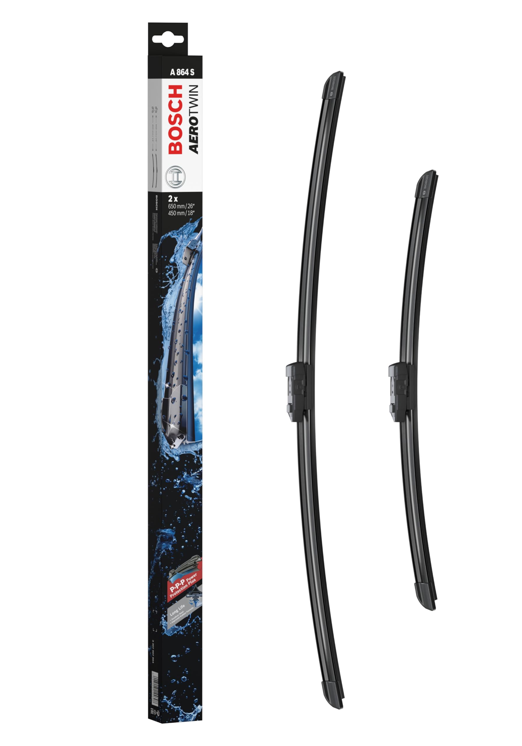 BOSCH Aerotwin Flat Wiper Blades Set 650mm & 450mm (A864S) - Premium Windshield Wipers for All-Weather Protection - Perfect for Rain, Snow, and Highway Driving
