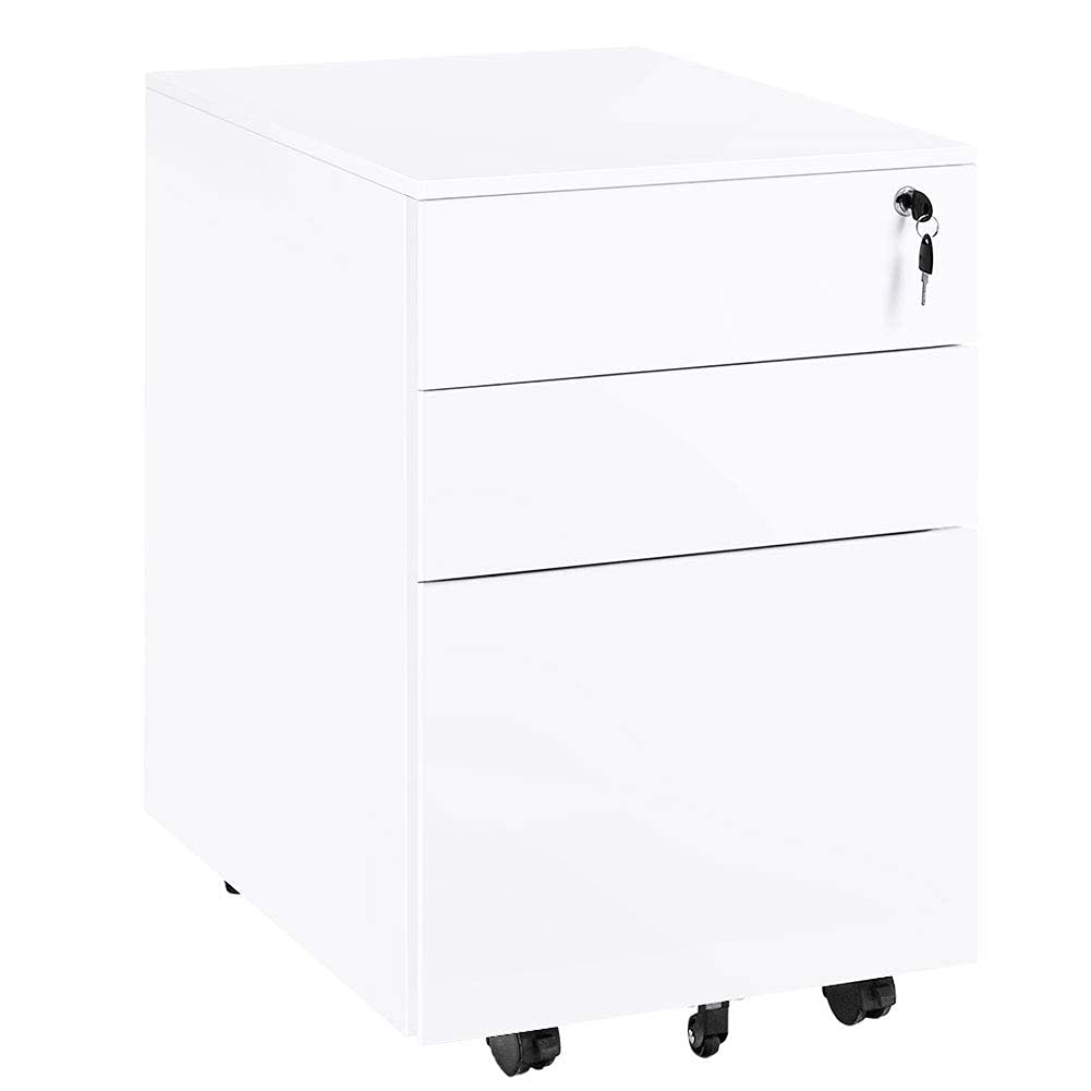 INVIE 3-Drawer Locking Mobile File Cabinet - White Metal Vertical Rolling Storage with Hanging Frame | Perfect for Office, Home & School Organization