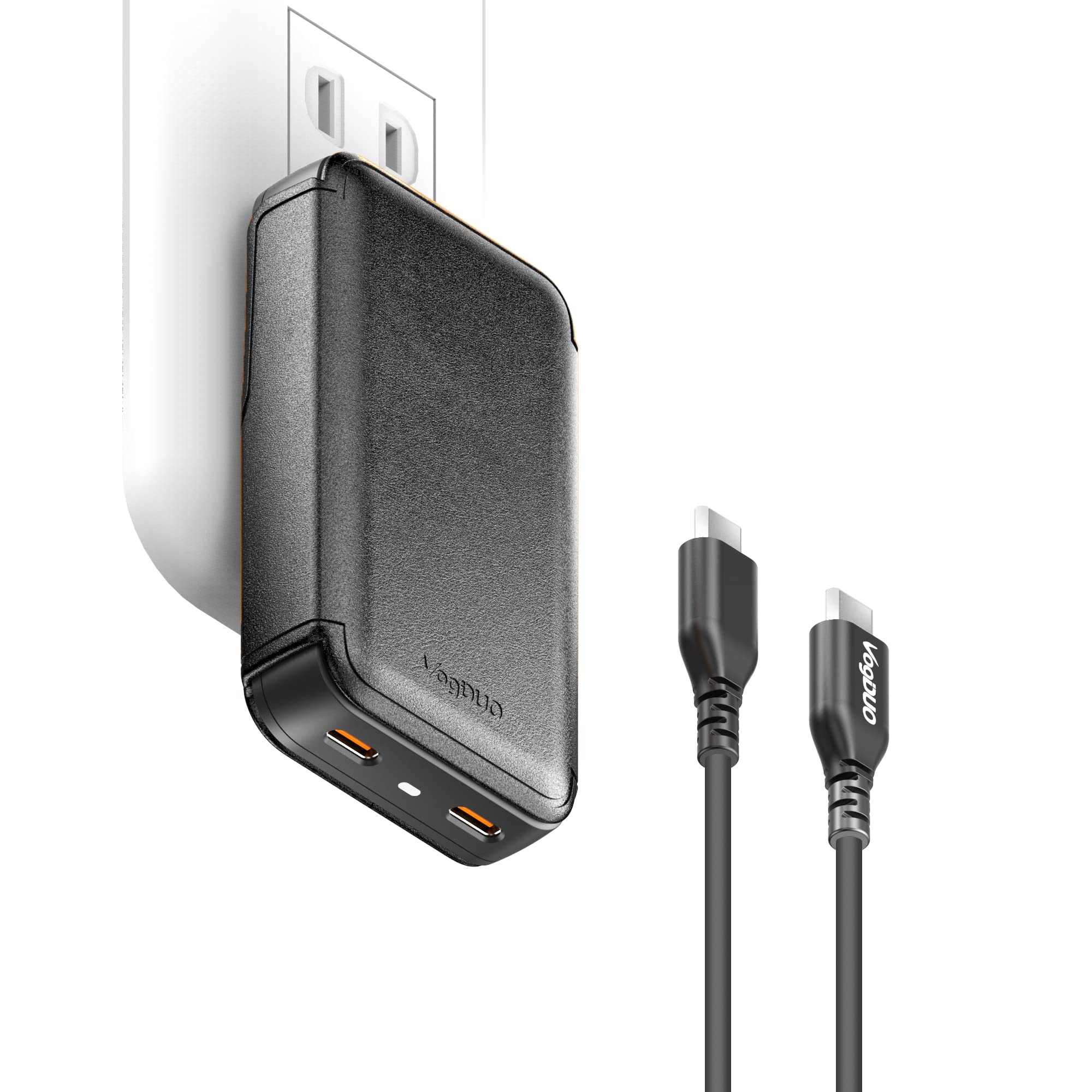 65W GaN PD Fast Charger - Ultra-Thin 2-Port USB C Wall Charger with Foldable Plug & Included USB-C Cable - Compatible with iPhone 15, Pixel 6 Pro, Fire 8HD Plus, Bose 35II, Apple Watch (Black) - Perfect for Travel, Office & Home Charging