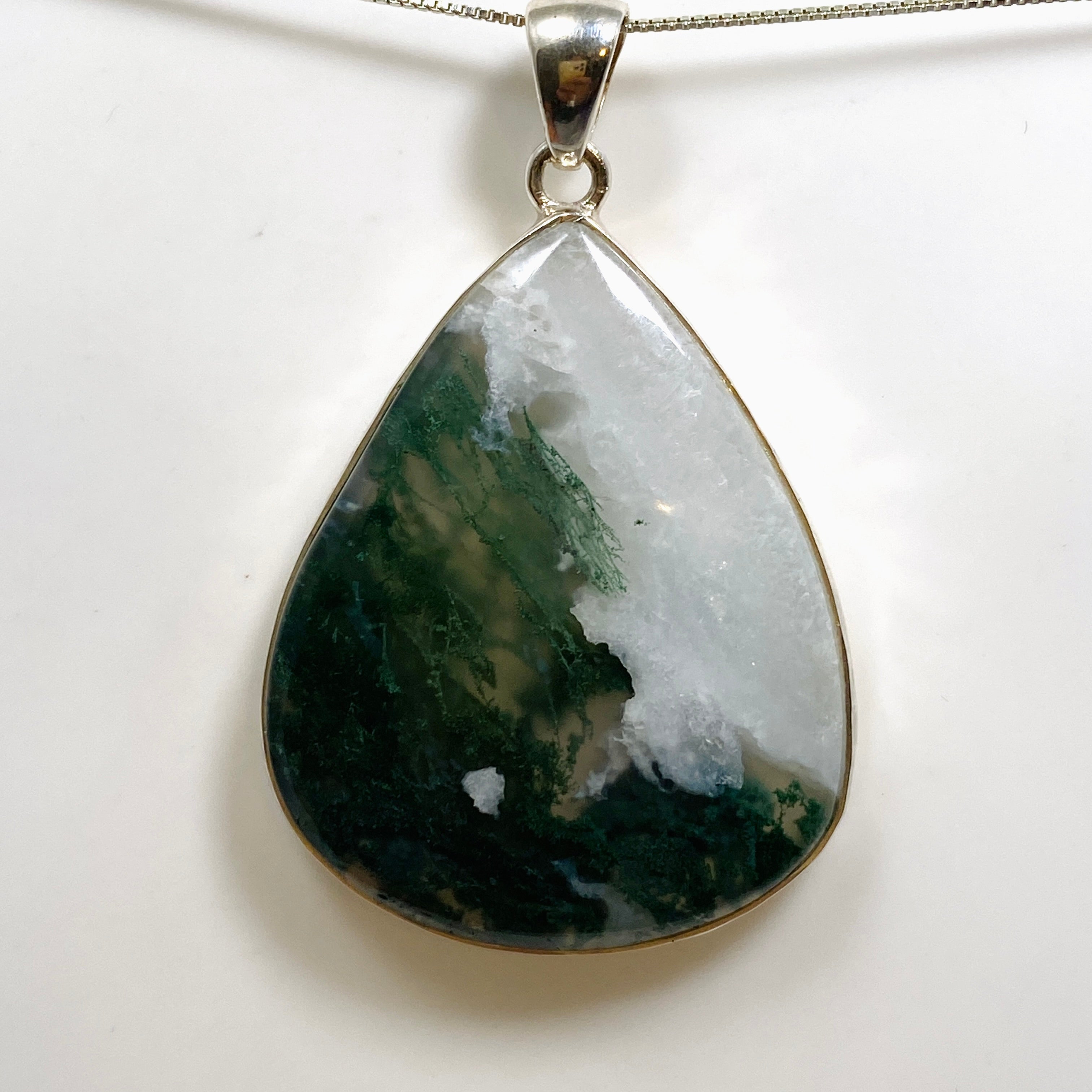 Natural Moss Agate Teardrop Cabochon Pendant in Handcrafted Hammered Sterling Silver Setting KPGJ4709 - Perfect for Boho Jewelry, Healing Crystal Necklaces & Spiritual Gifts