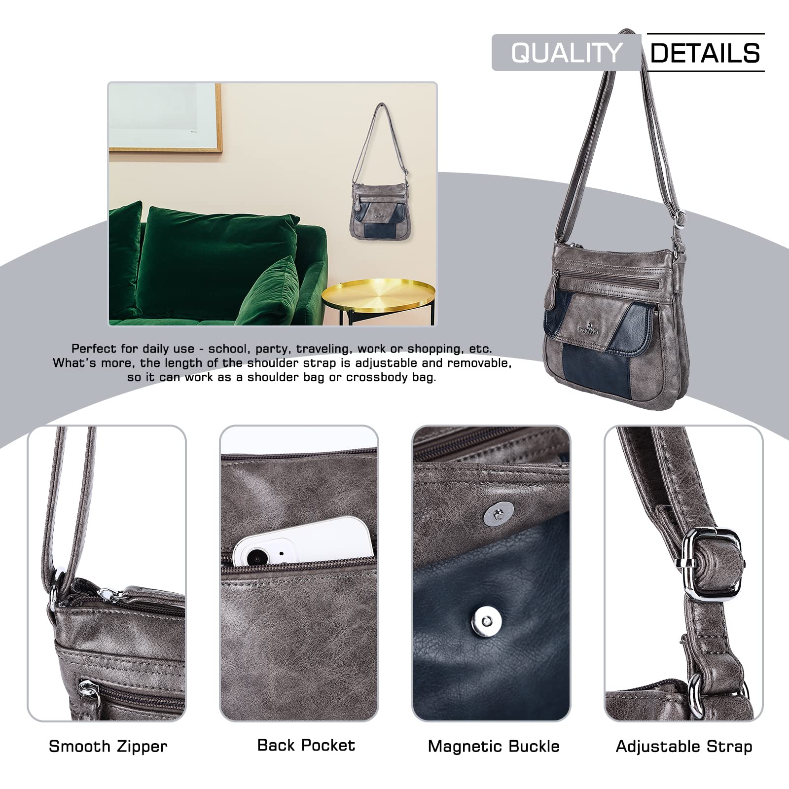 Angel Kiss Women's Crossbody Bag - PU Leather Adjustable Shoulder Handbag Purse for Ladies - Perfect for Work, Travel & Everyday Use