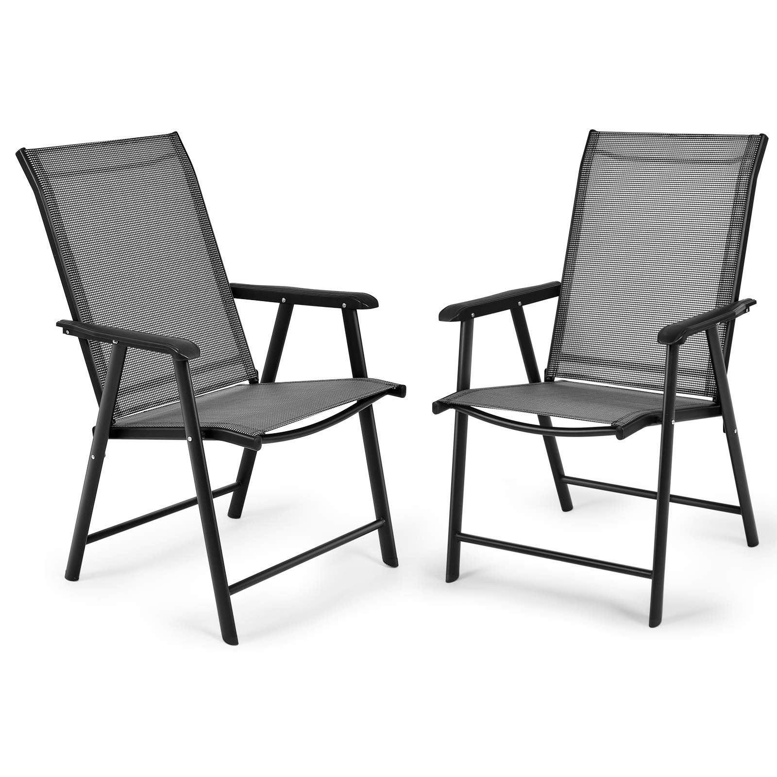 RELAX4LIFE 2-Pack Folding Patio Chairs with Armrests - Portable High Back Sling Chairs for Outdoor & Indoor Use - Sturdy Metal Frame - No Assembly Required - Perfect for Backyard, Porch, Garden, Poolside & Dining (Grey)