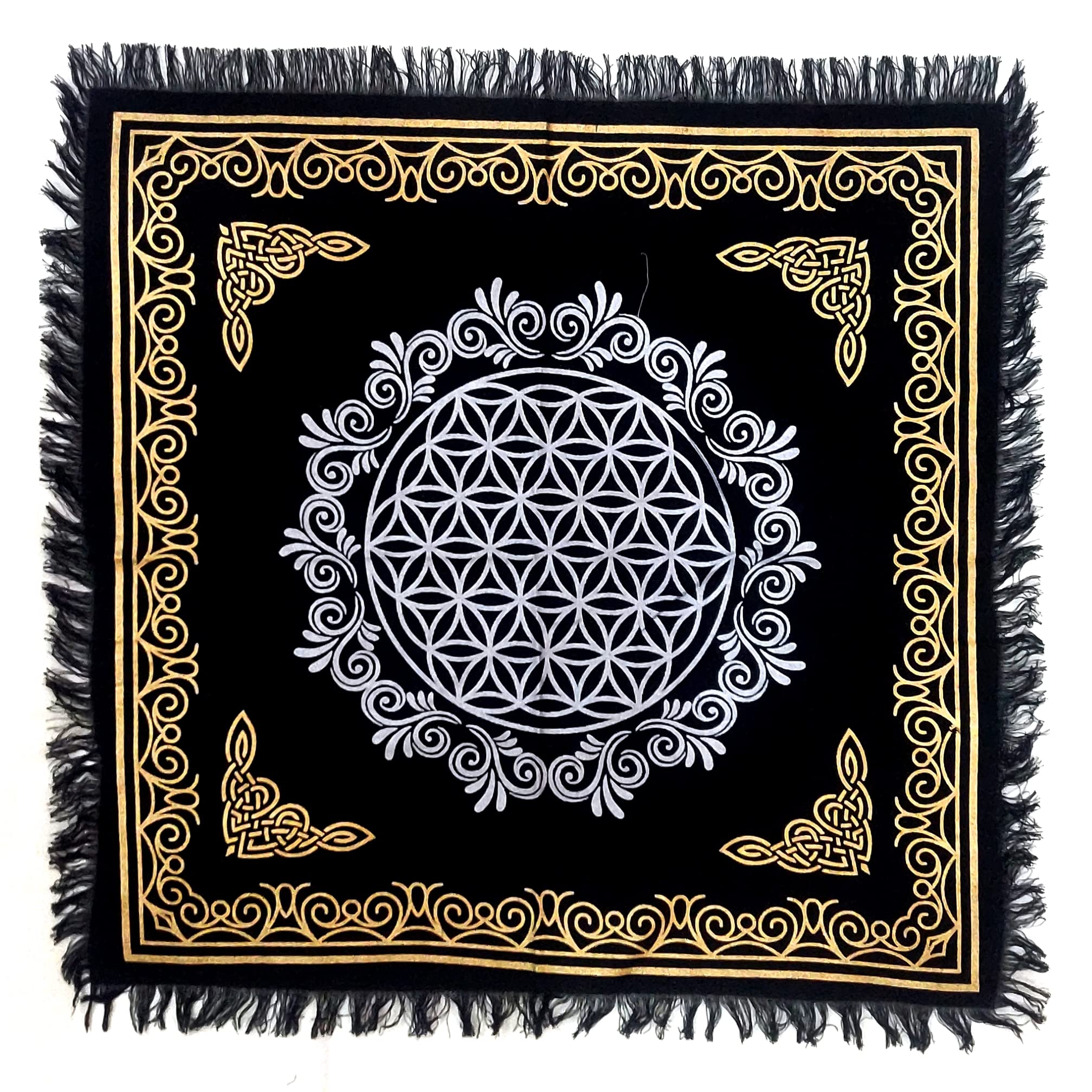 INDACORIFY Flower of Life Altar Cloth 18x18 Inch - Sacred Spiritual Tarot Spread Cloth with Fringes for Witchcraft, Meditation & Rituals (Gold & Silver Flower of Life Design) - Perfect for Altar Decor, Yoga Spaces & Energy Healing