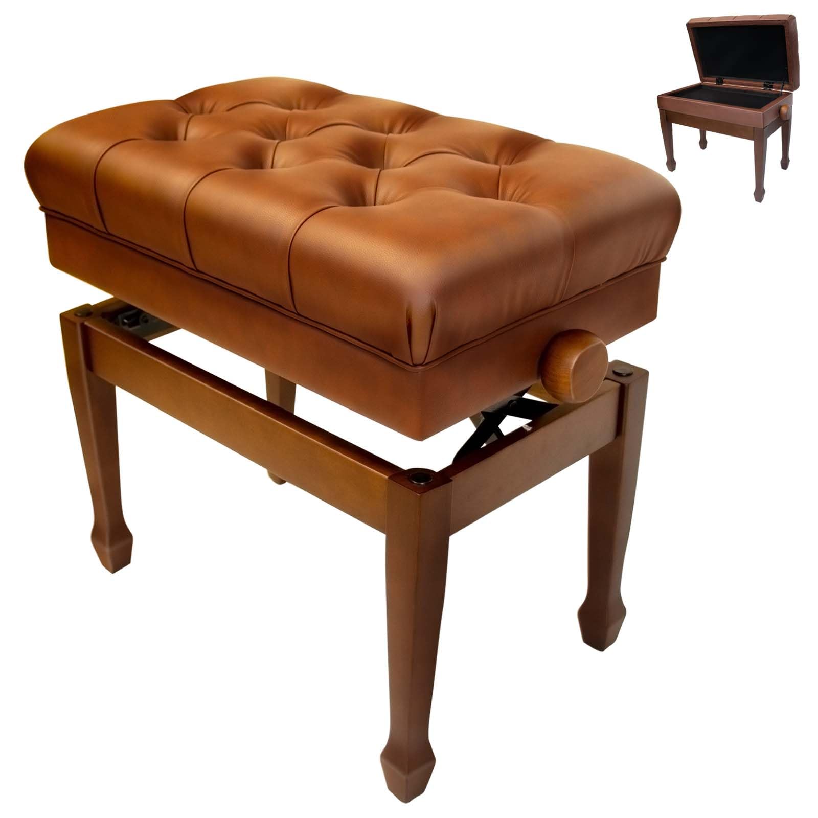 Adjustable Brown Piano Bench with Storage - Genuine Leather Walnut Piano Stool with Padded Cushion - Perfect for Home, Studio & Music Practice