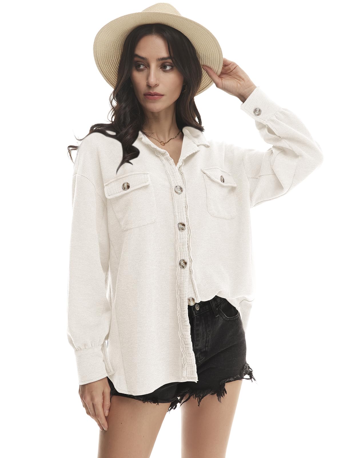 Yanekop Women's Waffle Knit Button Down Shacket - Oversized Long Sleeve Shirt Jacket for Women | Trendy Fall/Winter Outfits 2025 | Perfect for Layering, Casual Wear & Coffee Dates