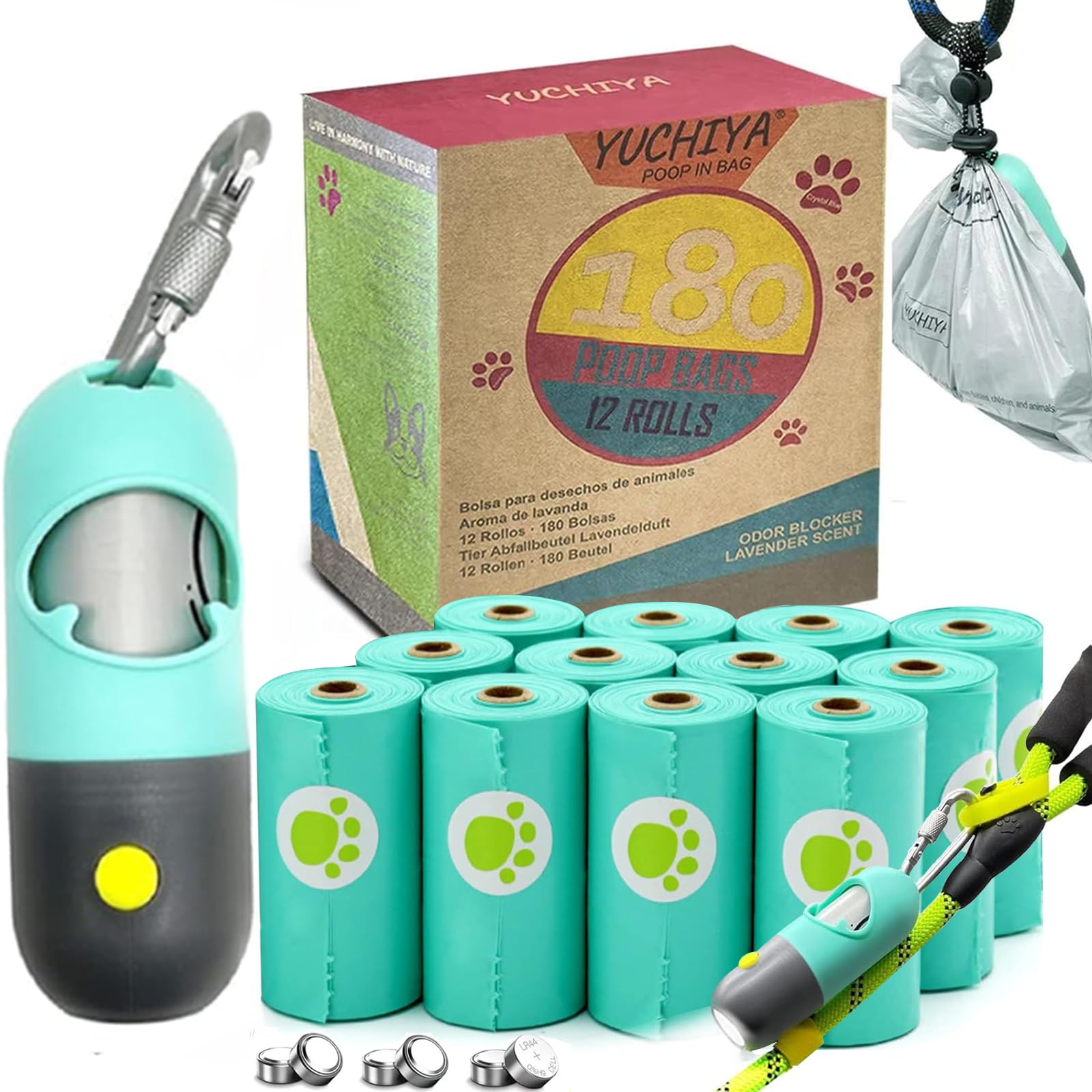 LED Flashlight Dog Poop Bags Holder | Leash-Attached Pet Waste Dispenser with 195 Leak-Proof Bags | Mint Green Doggie Potty Accessories for Walking, Hiking & Nighttime Cleanup