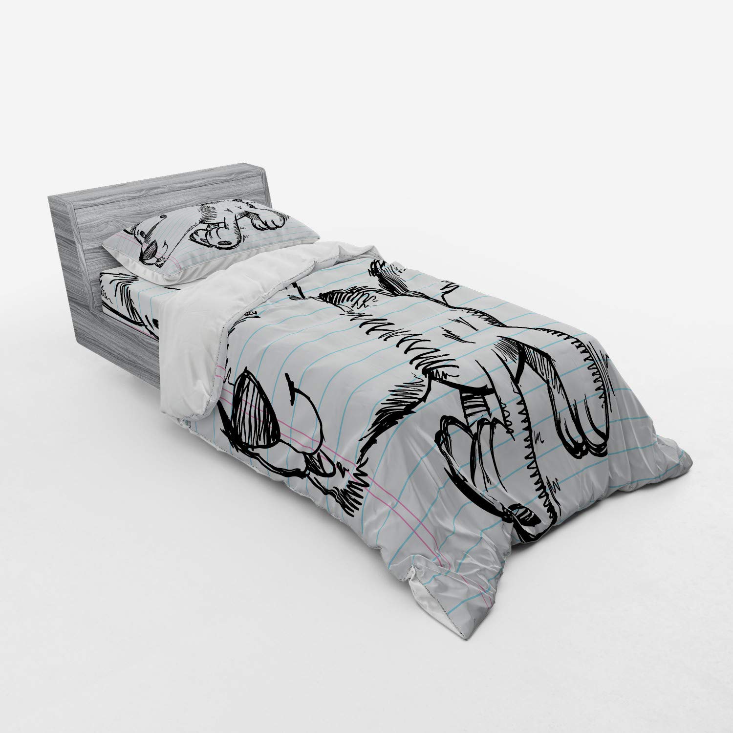 Ambesonne Cartoon Dog Bedding Set - 3 Piece Duvet Cover with Sham & Fitted Sheet, Twin Size, Black Pale Blue Pink - Running Puppy Dog Notebook Scribble Art Design - Perfect for Kids' Rooms, Dorm Decor & Pet Lover Gifts