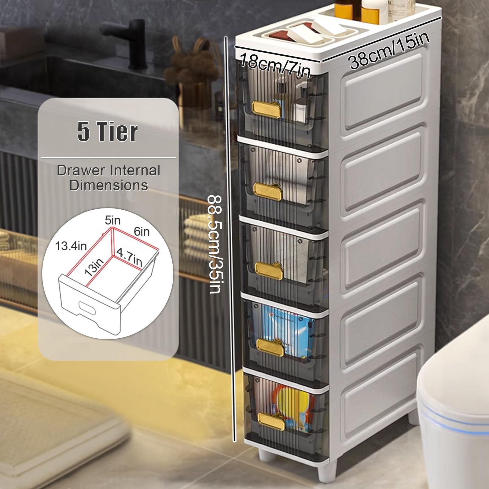 7-Inch Wide Skinny Storage Cabinet with 5-Tier Narrow Drawers - Space-Saving Bathroom & Kitchen Organizer for Toilet Paper, Cosmetics & Small Items - Perfect for Bathroom Corner, Apartment & Tiny Homes