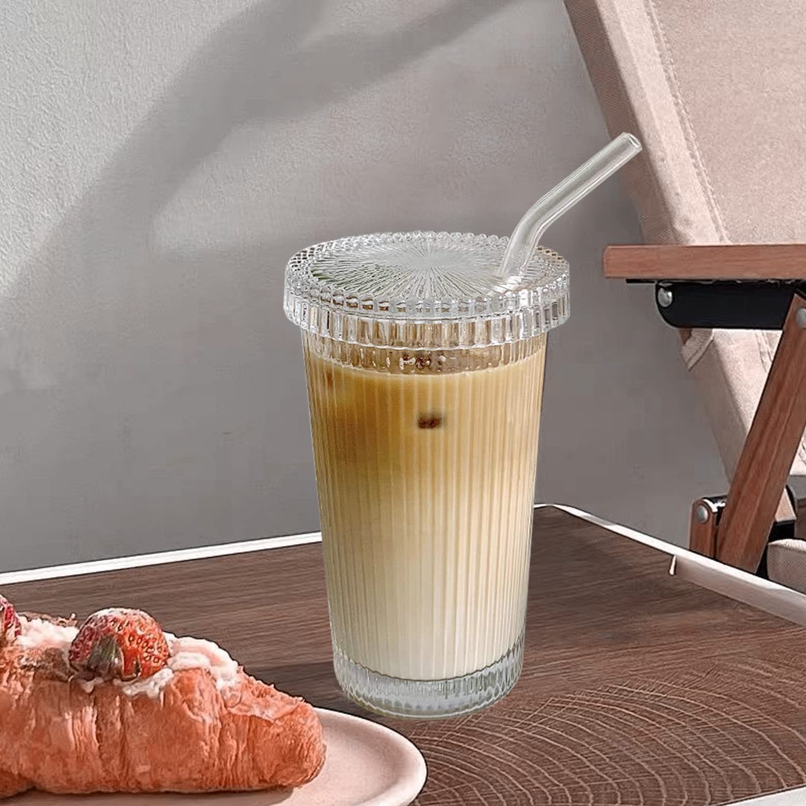 12.5oz Glass Coffee Cup with Lids & Straws - Leak-Proof, BPA-Free Drinking Glasses for Iced Coffee, Smoothies & Cold Beverages - Perfect for Home, Office & Cafe Use (Round Shape, Non-Screw Secure Lid)