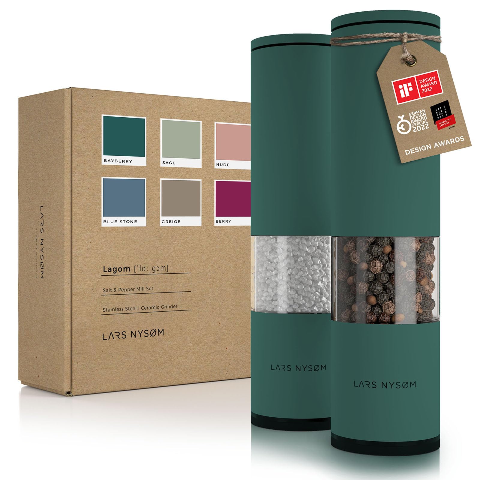 Premium LARS NYSØM Salt and Pepper Grinder Set - 2-Piece Adjustable Ceramic Mill with Manual Operation (Pine Green) | Perfect for Kitchen, Dining Table & Gourmet Cooking Gifts