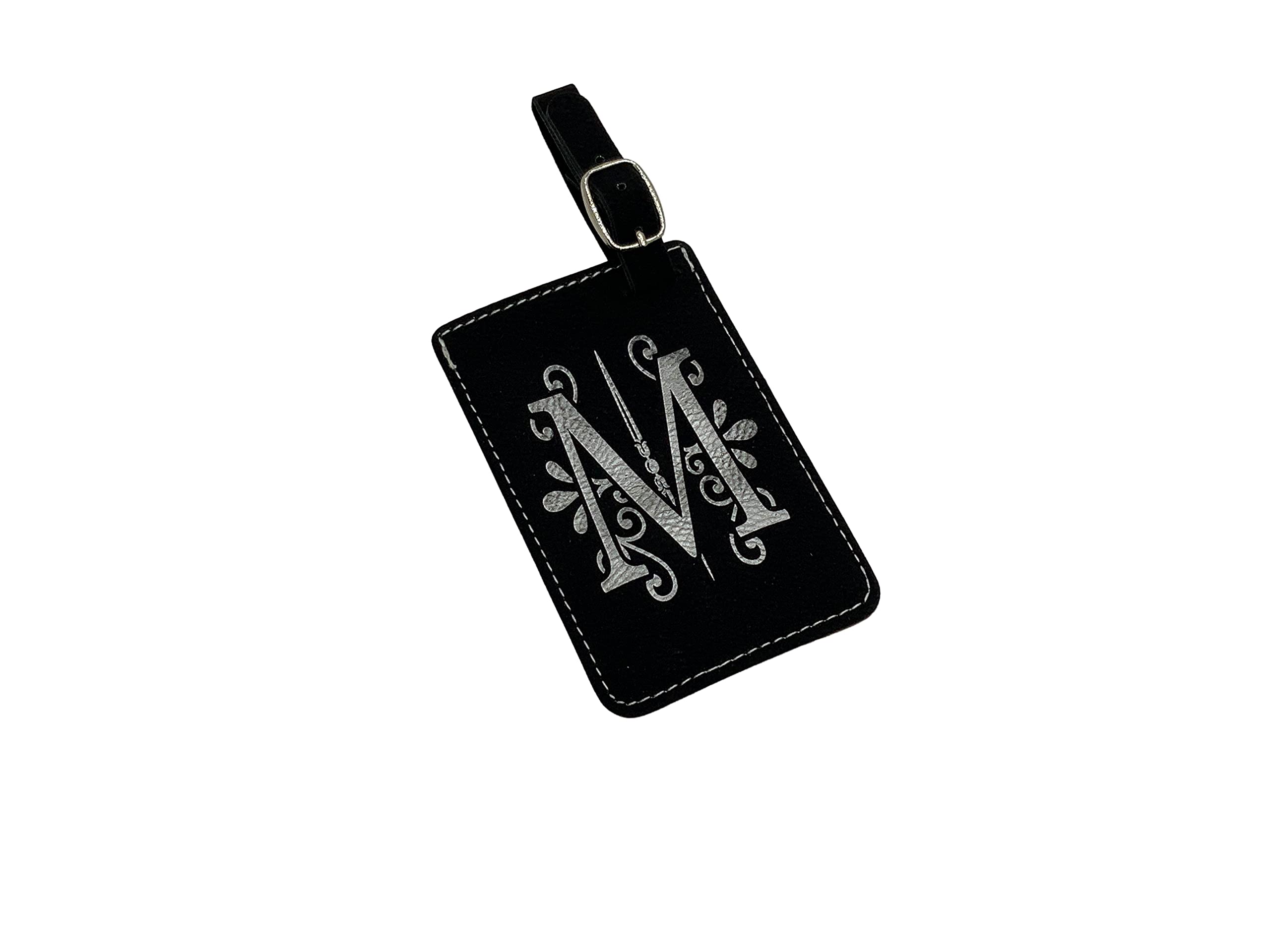 Personalized Monogram Floral Luggage Tag with Engineered Leather - Custom Initial Letters for Travel Bags (Black, Medium) - Perfect for Airports, Cruise Ships & Suitcase Identification