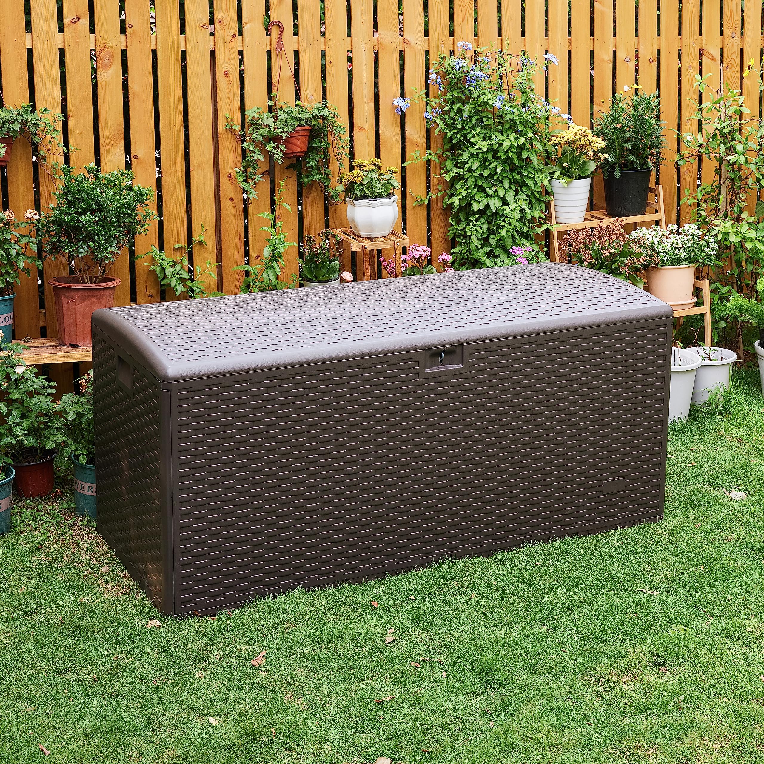 Amazon Basics 150 Gallon Outdoor Patio Storage Deck Box - Waterproof & Weather-Resistant for Furniture Cushions, Garden Tools - Brown - Perfect for Backyard, Deck, and Poolside Storage