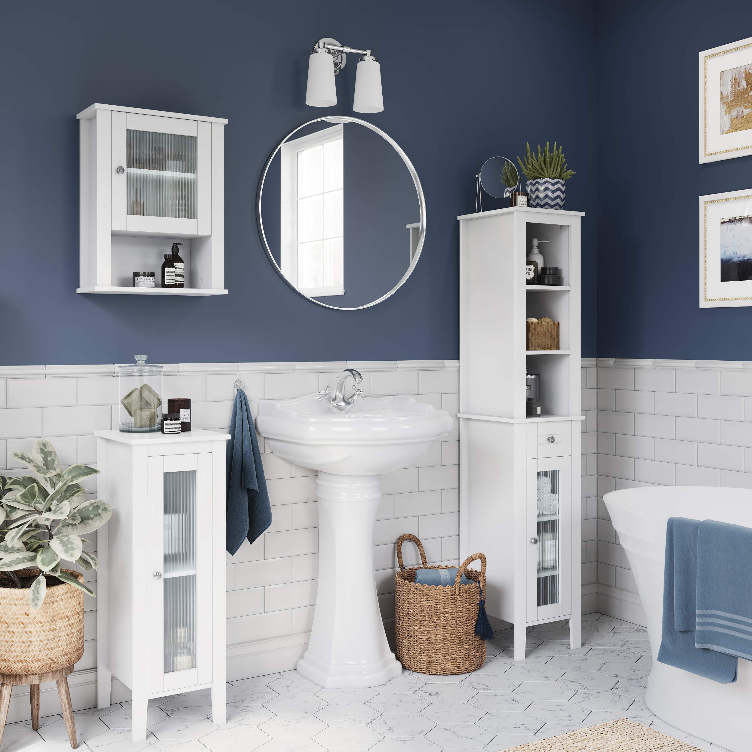 RiverRidge Prescott Tall Bathroom Storage Cabinet with Reeded Soft-Close Glass Door - 3 Open Shelves & Drawer - Slim Narrow Bathroom Vanity Organizer for Towels, Toiletries & Cosmetics - Perfect for Small Bathrooms, Powder Rooms & Apartment Living