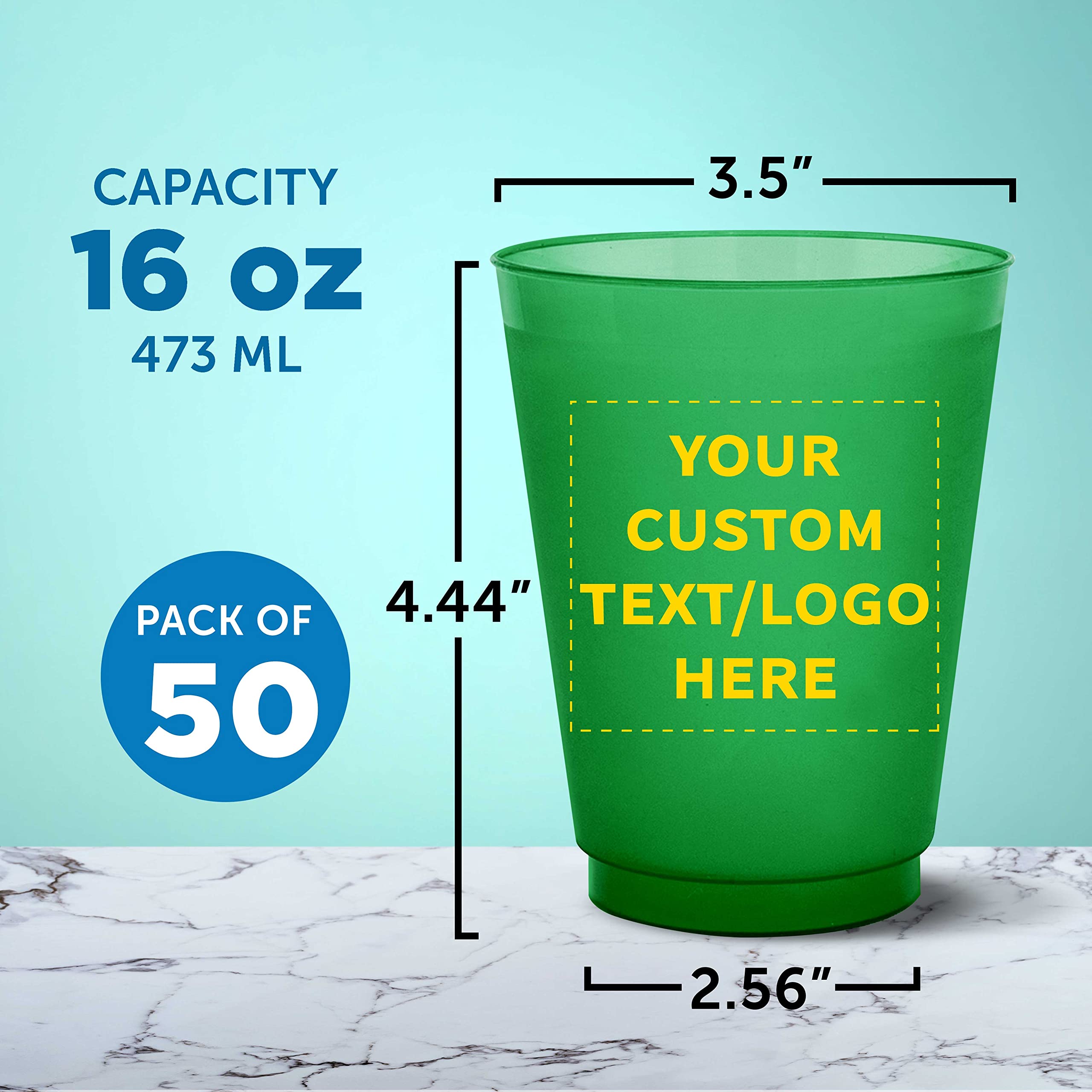 Custom Printed 16 oz Frosted Plastic Stadium Cups - 50 Pack, Shatterproof & Reusable with Promotional Text/Logo - Perfect for Parties, Tailgating, and Outdoor Events (Green)