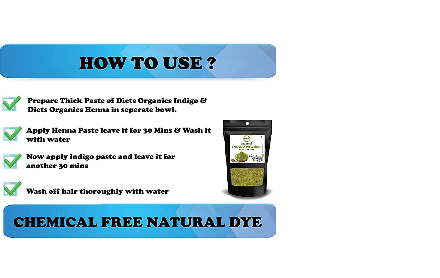 DIETS ORGANICS Natural Indigo Powder for Black Hair - 100g | Herbal Hair Dye & Gray Coverage | Safe Chemical-Free Hair Coloring for Men & Women | Perfect for DIY Hair Care & Natural Beauty Treatments