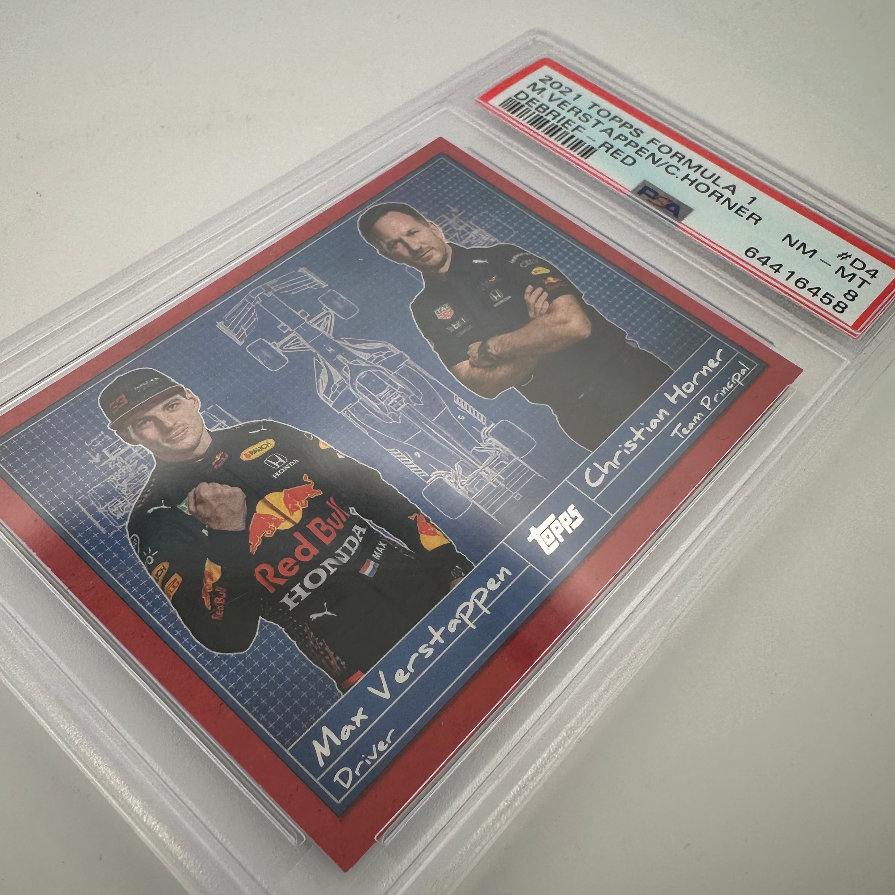 PSA 8 Graded 2/5 Max Verstappen & Christian Horner Red Bull Racing Debrief #D4 F1 Collectible - Perfect for Motorsport Fans & Memorabilia Displays