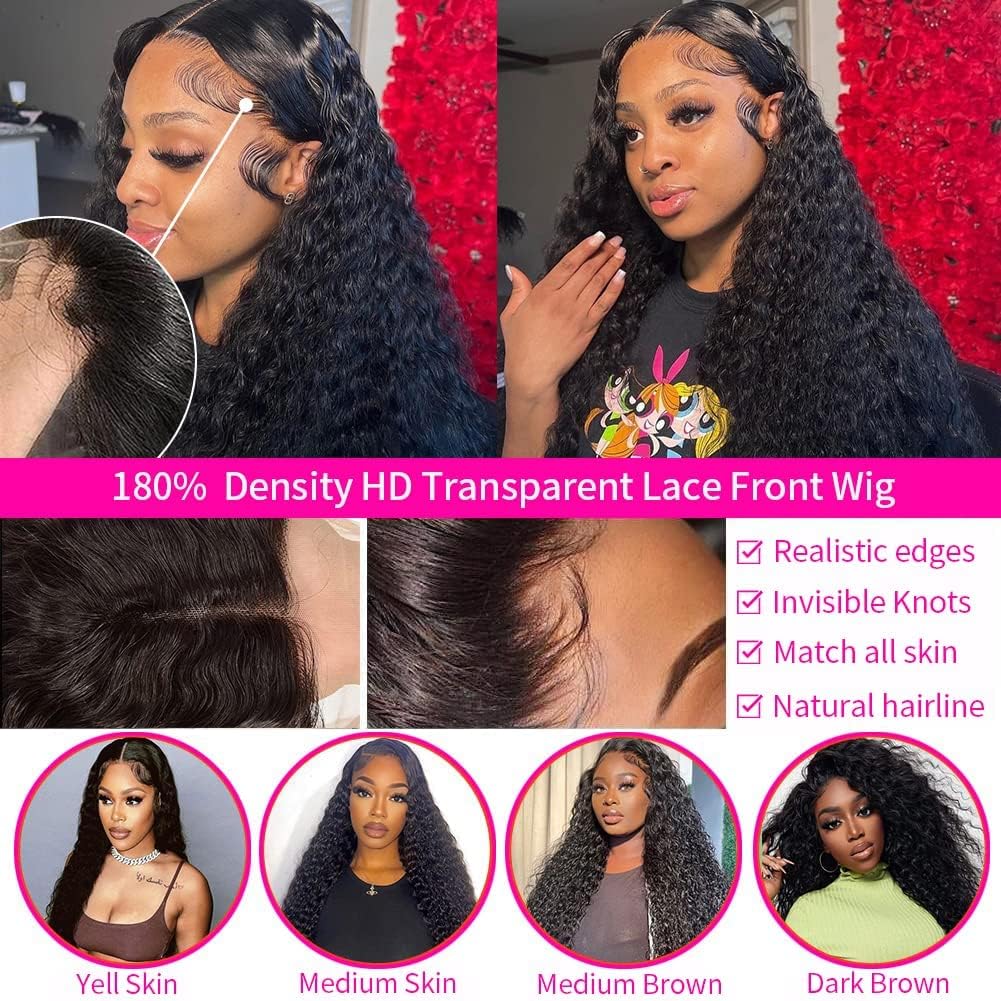 Wingirl 13x4 HD Deep Wave Lace Front Wig - 100% Human Hair with Pre-Plucked Hairline & Baby Hair - 180% Density Glueless Lace Frontal Wig for Women (Natural Black) - Perfect for Daily Wear, Cosplay & Special Occasions