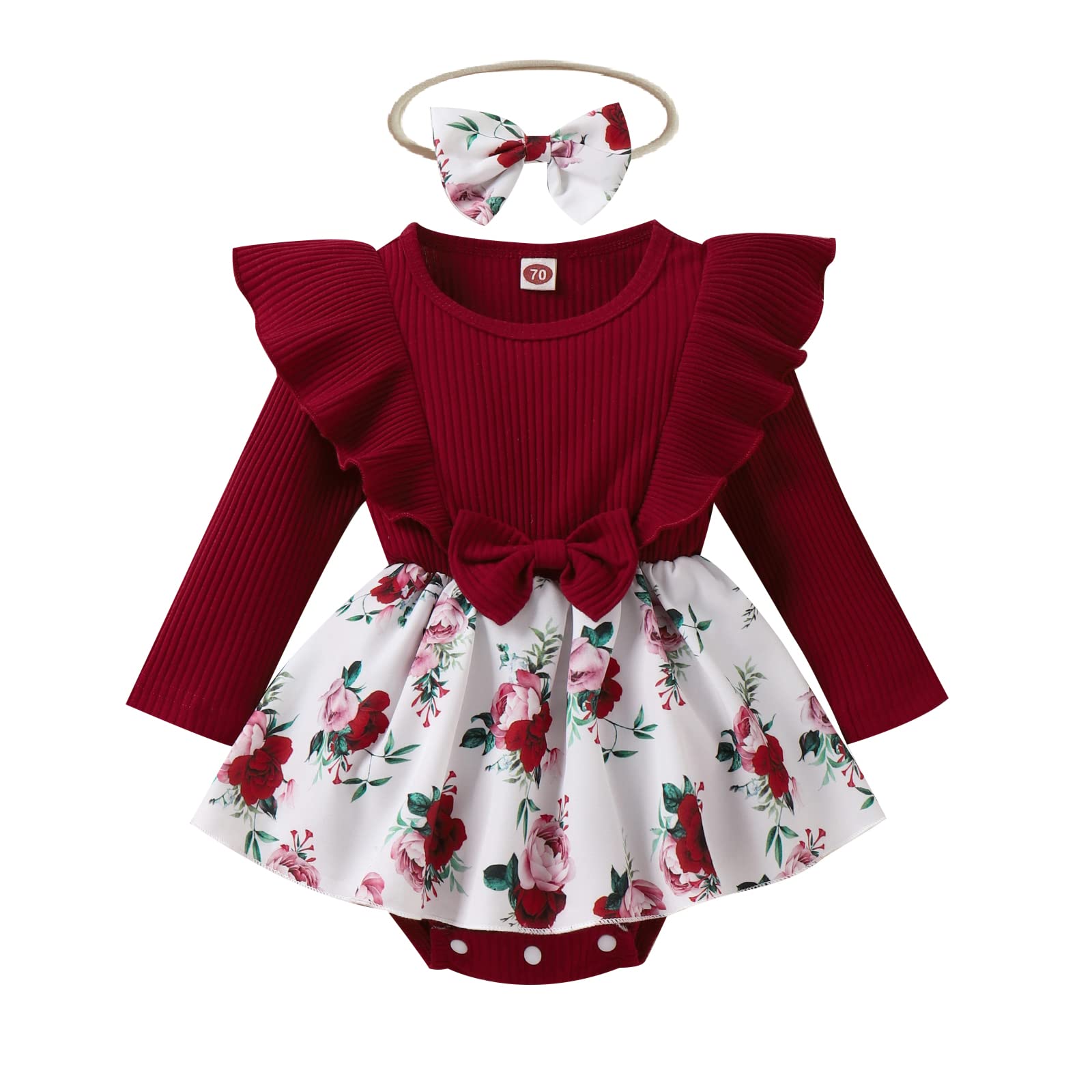 Engofs Newborn Baby Girl Christmas Outfit - Long Sleeve Ruffle Romper Dress with Ribbed Bodysuit & Headband Set | Holiday Photoshoot, Family Gathering, Christmas Party Outfit