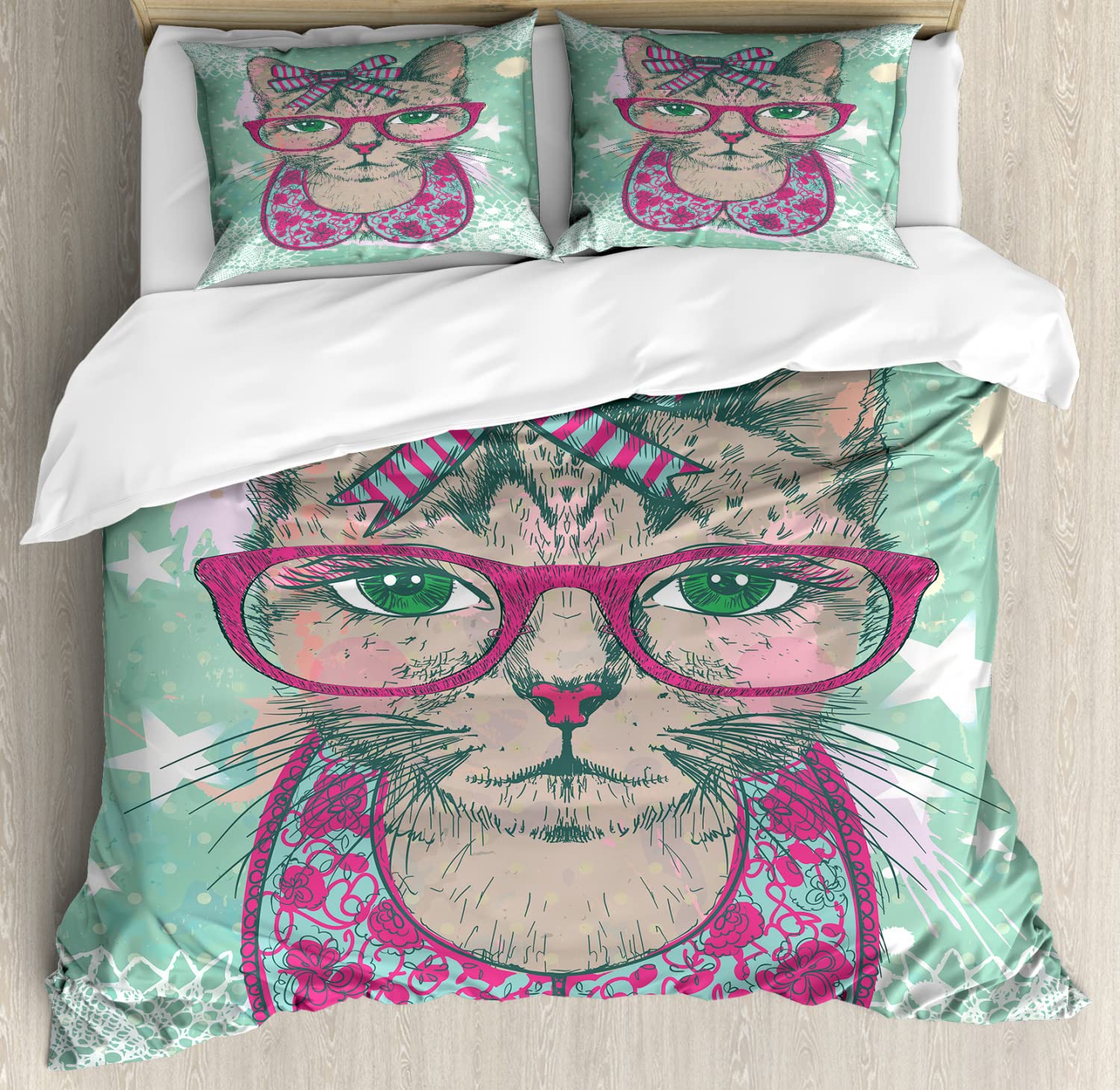 Ambesonne Vintage Cat Duvet Cover Set - 2 Pack Cal King Size with 4 Pillowcases, Pink & Green Hipster Cat Design with Lace Collarette Bow, Humorous Graphic Bedding for Cat Lovers | Perfect for Guest Rooms, Dorm Decor, and Themed Bedroom Makeovers