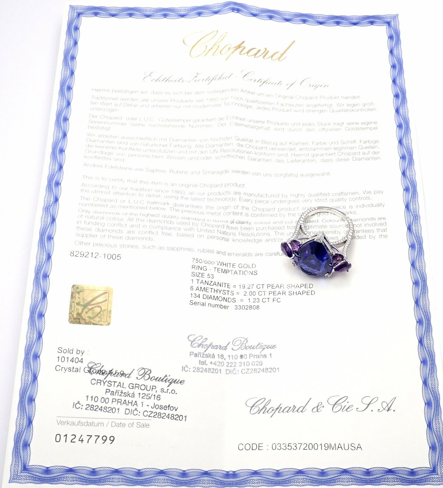 Luxury Chopard 18K Gold Diamond Tanzanite Amethyst Ring with Certificate Box - Perfect for Engagement, Anniversary & Special Occasion Gifts