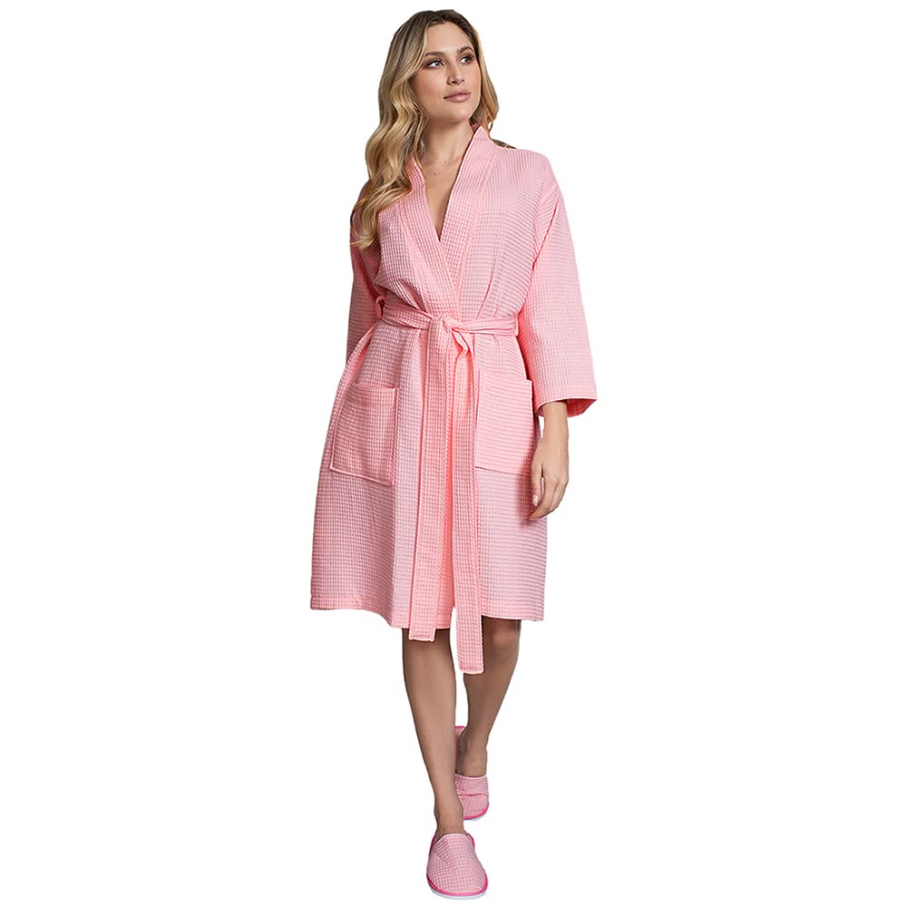 Lotus Linen Women's Lightweight Waffle Kimono Robe - Soft Cotton Spa Bathrobe with Knee Length Design - Personalized Bridesmaid Gift Set for Wedding, Relaxation & Home Comfort