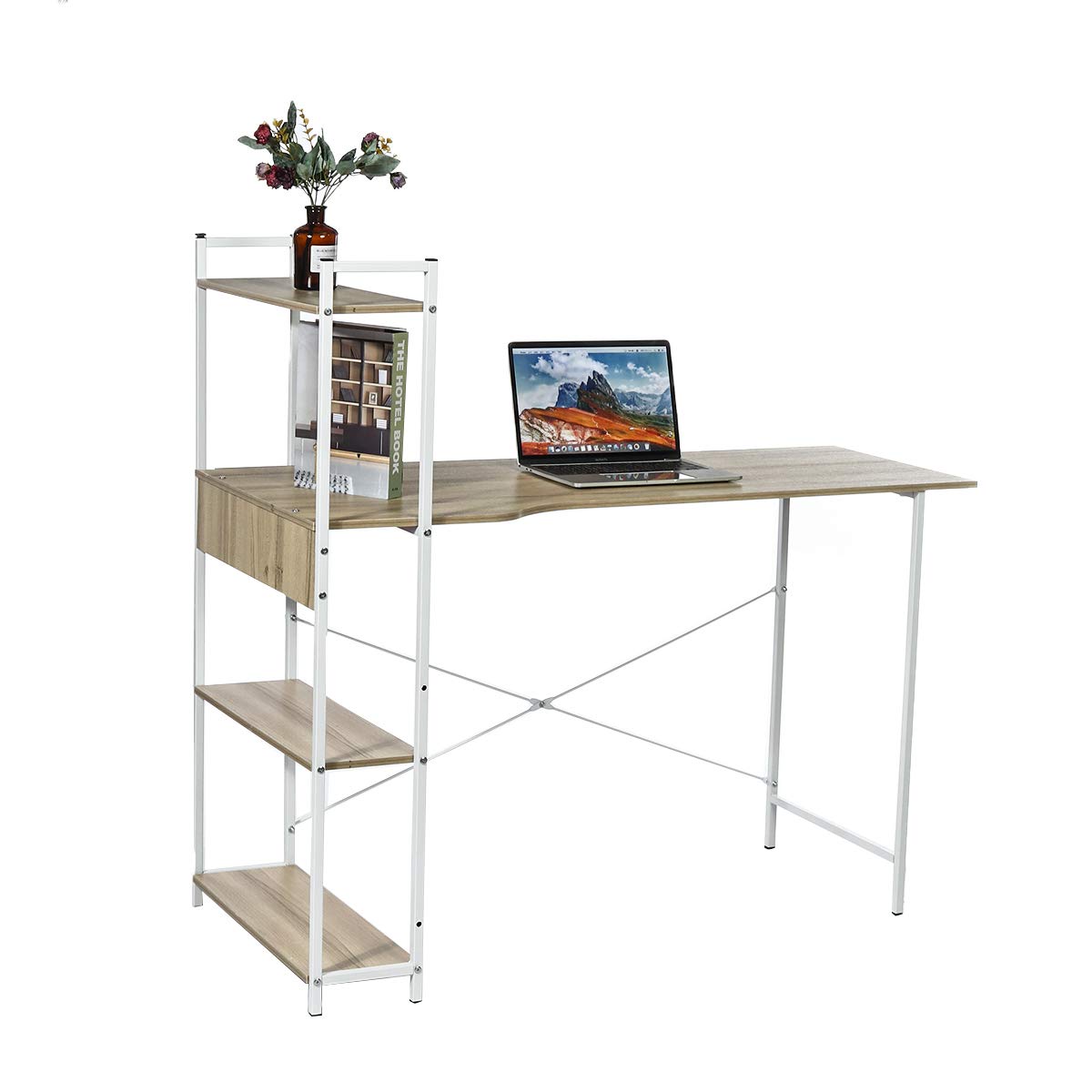 Modern White 120cm Computer Laptop Desk with 4-Tier Bookshelf - Ergonomic Home Office Workstation for Study, Writing & Remote Work - Space-Saving Design for Small Rooms & Apartments