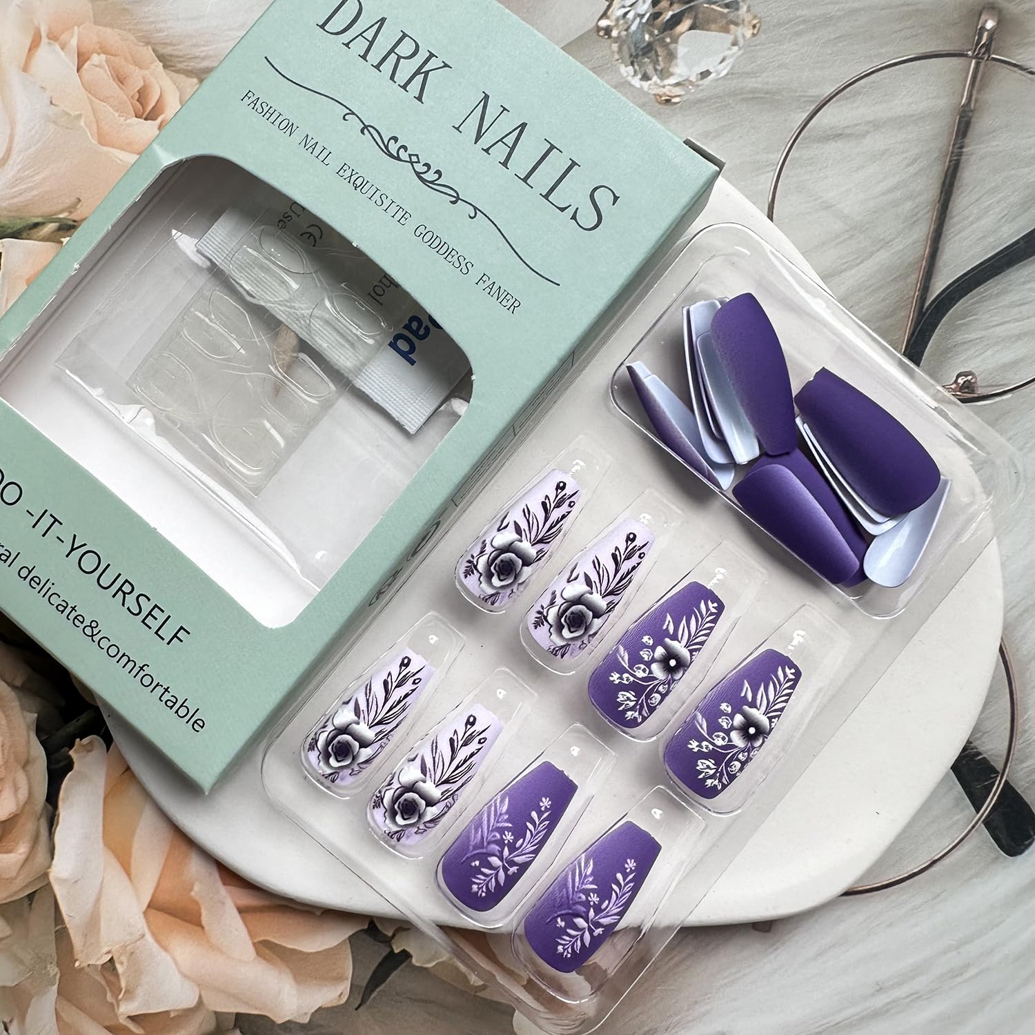 Elegant Purple Acrylic Press on Nails with Embossed Flower Designs - 24pcs Matte Coffin Fake Nails for Women | Fall & Winter Manicure Decorations | Perfect for Parties, Weddings & Special Occasions