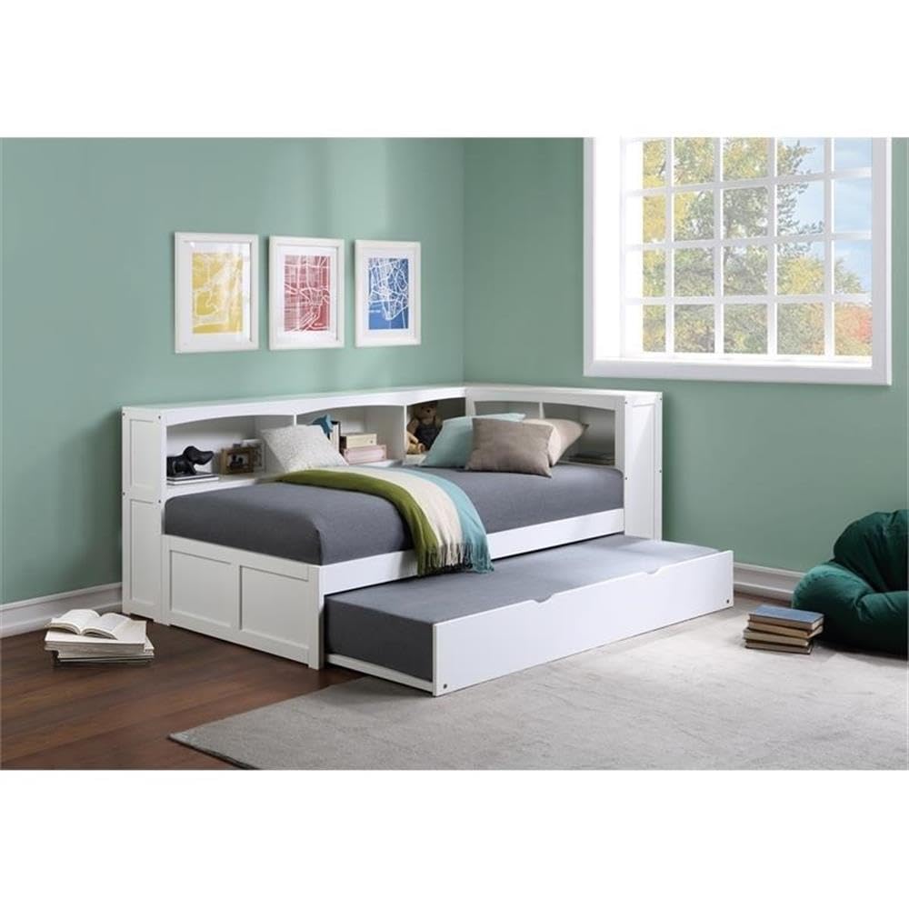 Pemberly Row Transitional 5-Shelf Wood Twin Bookcase Corner Bed in White - Perfect for Kids Bedroom, Nursery or Small Space Storage Solution