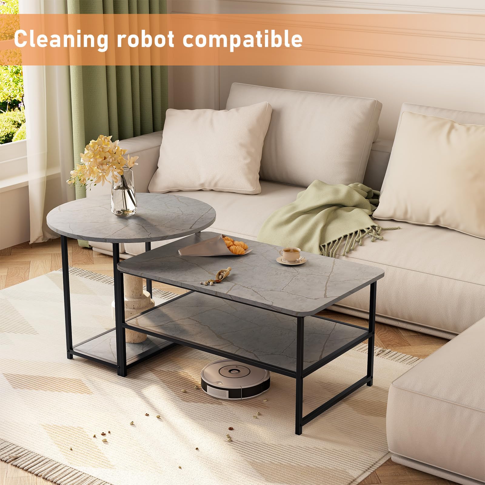 Modern WOHOMO Coffee Table with Storage - 2-in-1 Detachable Marble Top Living Room Center Table (Grey) - Perfect for Small Spaces, Apartments & Contemporary Home Decor